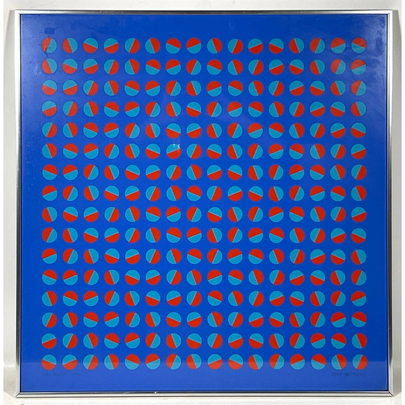 Edna Andrade Red Flash Large Scale Op Art Serigraph Numbered 23/35. Signed. Framed under glass with: Edna Andrade Red Flash Large Scale Op Art Serigraph Numbered 23/35. Signed. Framed under glass with Janet Fleisher Gallery label. Dimensions: Height: 29.5 inches, Width: 29.5 inches. ---
