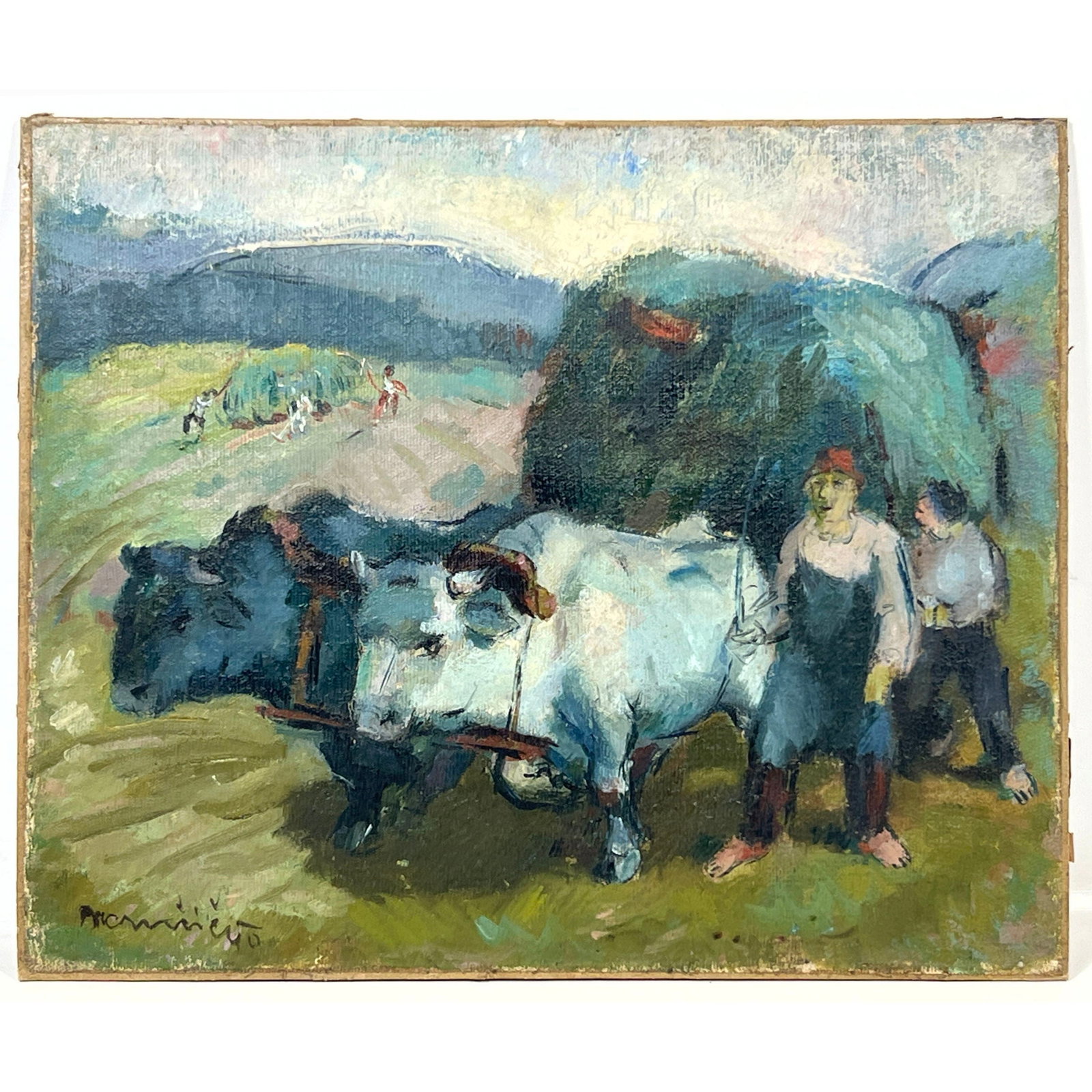 Artist Signed Oil on Canvas laid on Board Painting Pastoral Scene with Oxen and Farmers Impressionis: Artist Signed Oil on Canvas laid on Board Painting Pastoral Scene with Oxen and Farmers Impressionist. Dimensions: Height: 15 inches, Width: 18 inches. --- US Packing and Shipping charge: In house