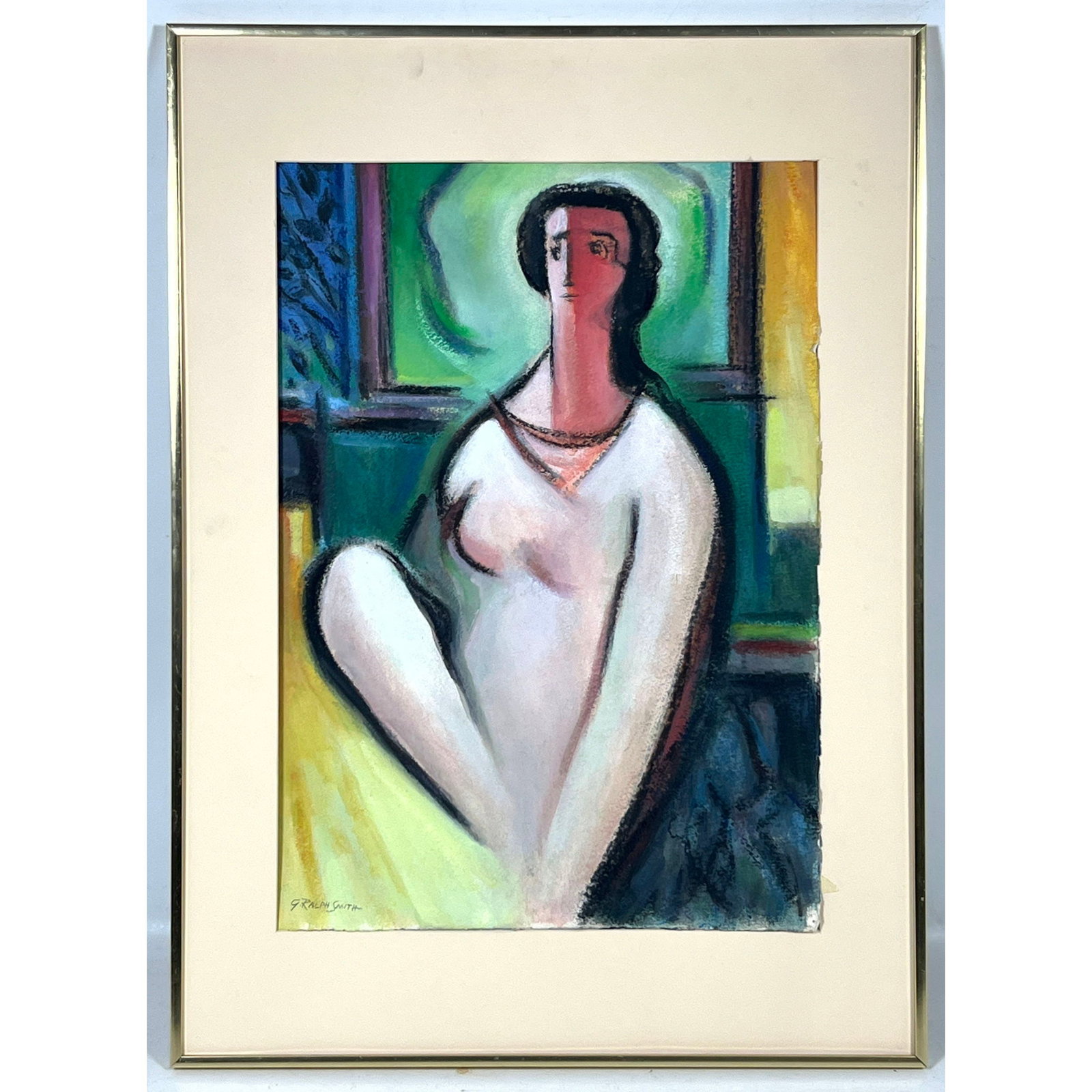 G. Ralph Smith Mixed Media on Paper Titled Repose Modernist Seated Figure Signed Lower Left: G. Ralph Smith Mixed Media on Paper Titled Repose Modernist Seated Figure Signed Lower Left Dimensions: Height: 28.25 inches, Width: 20.25 inches. --- US Packing and Shipping charge: In house