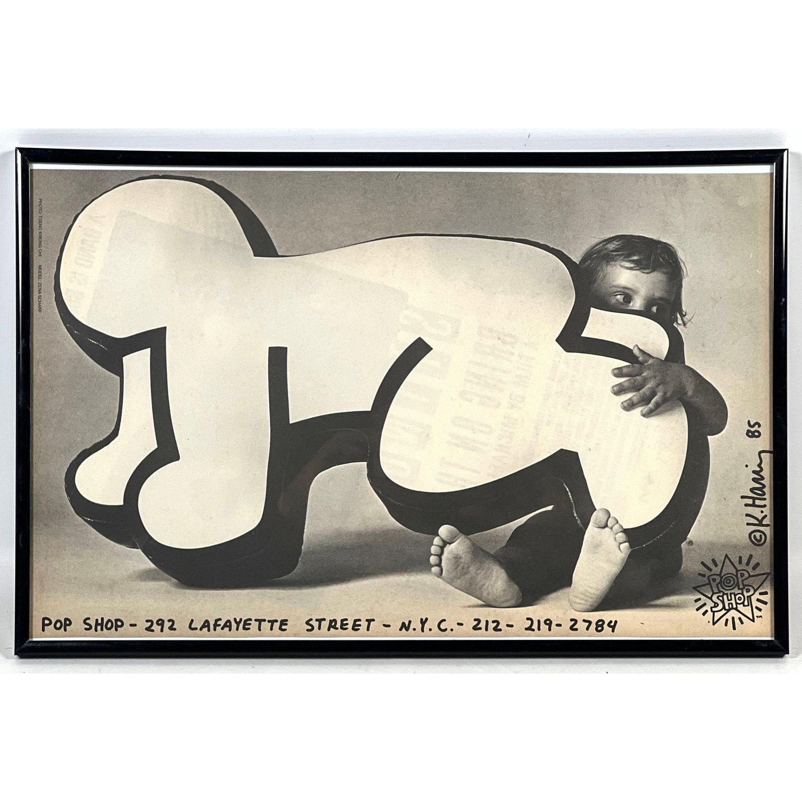 Keith Haring Pop Shop Advertisement Poster 1985 with photography by Tseng Kwong Chi featuring Zena S: Keith Haring Pop Shop Advertisement Poster 1985 with photography by Tseng Kwong Chi featuring Zena Scharf and Crawling Baby cutout Dimensions: Height: 11 inches, Width: 17 inches. --- US Packing and