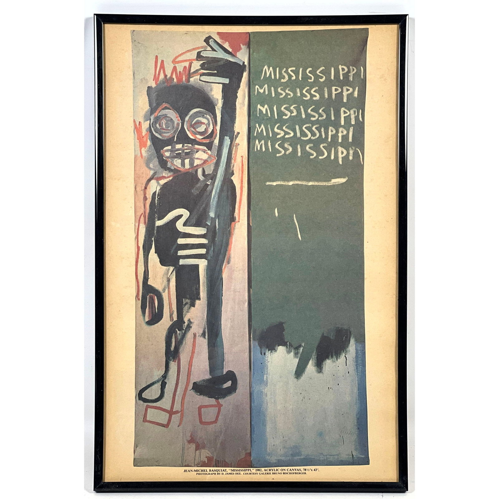 Jean-Michel Basquiat Mississippi Photomechanical Print Page from Interview Magazine January 1983. Fr: Jean-Michel Basquiat Mississippi Photomechanical Print Page from Interview Magazine January 1983. Framed under glass. Dimensions: Height: 17 inches, Width: 11 inches. --- US Packing and Shipping