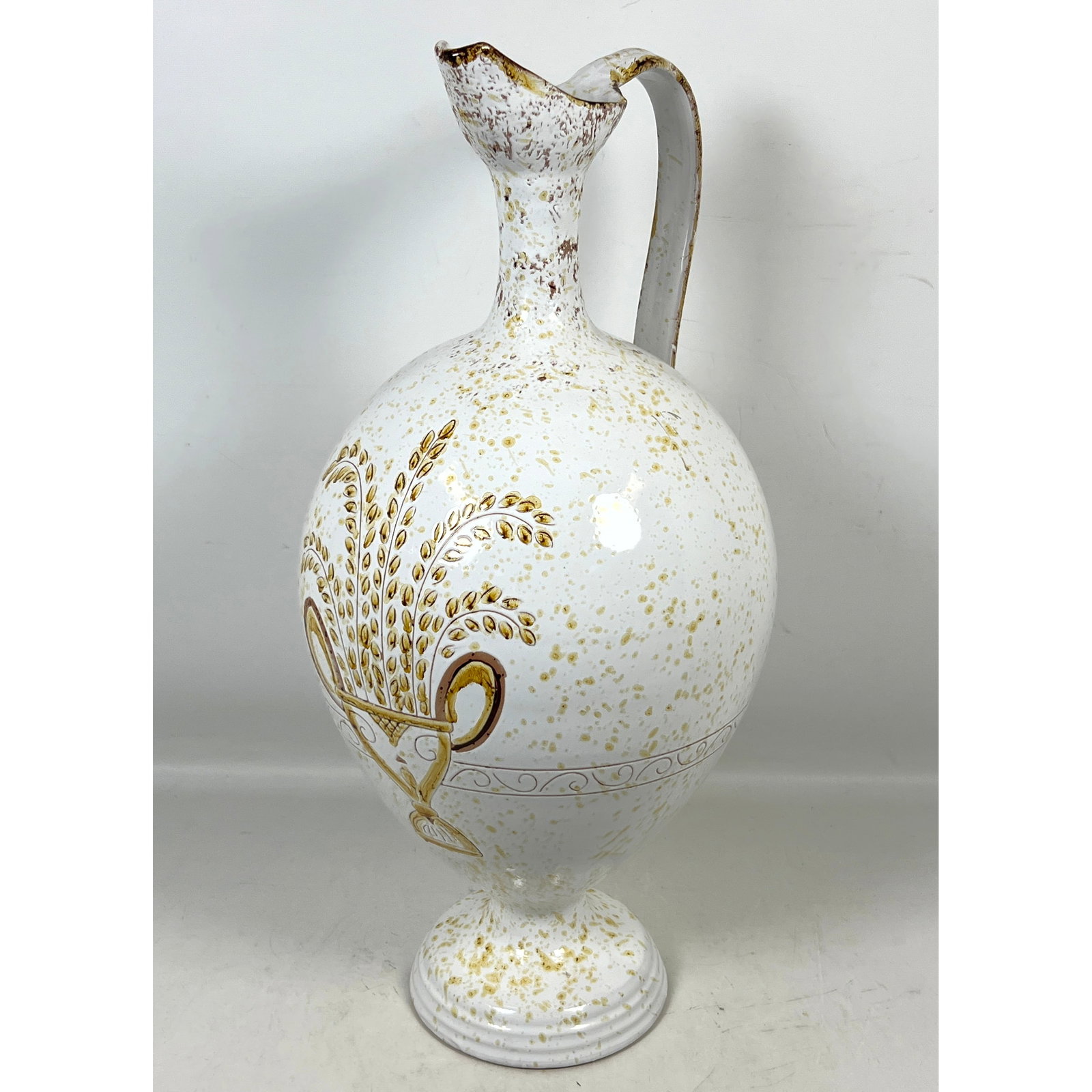 Large Italian Majolica Glazed Earthenware Pitcher with Hand Painted Wheat Motif and Speckled Decorat: Large Italian Majolica Glazed Earthenware Pitcher with Hand Painted Wheat Motif and Speckled Decoration Dimensions: Height: 25 inches, Width: 13 inches, Depth: 13 inches. --- US Packing and Shipping