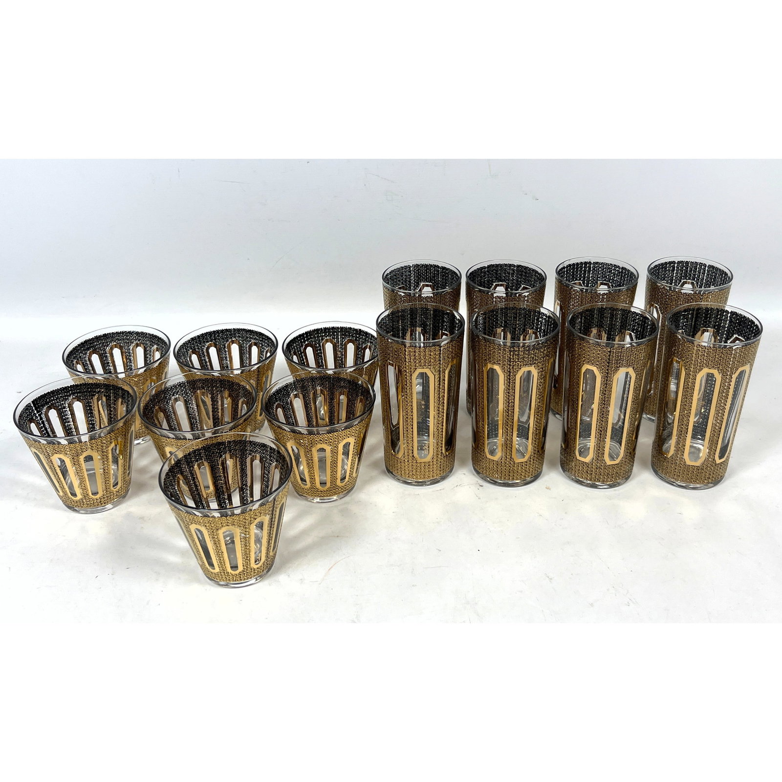 15-piece Culver 22K Gold Tiffany pattern Barware set. 8 tall tumblers 7 short glasses.: 15-piece Culver 22K Gold Tiffany pattern Barware set. 8 tall tumblers 7 short glasses. Dimensions: Height: 5.75 inches, Width: 2.75 inches, Depth: 2.75 inches. --- US Packing and Shipping charge: In