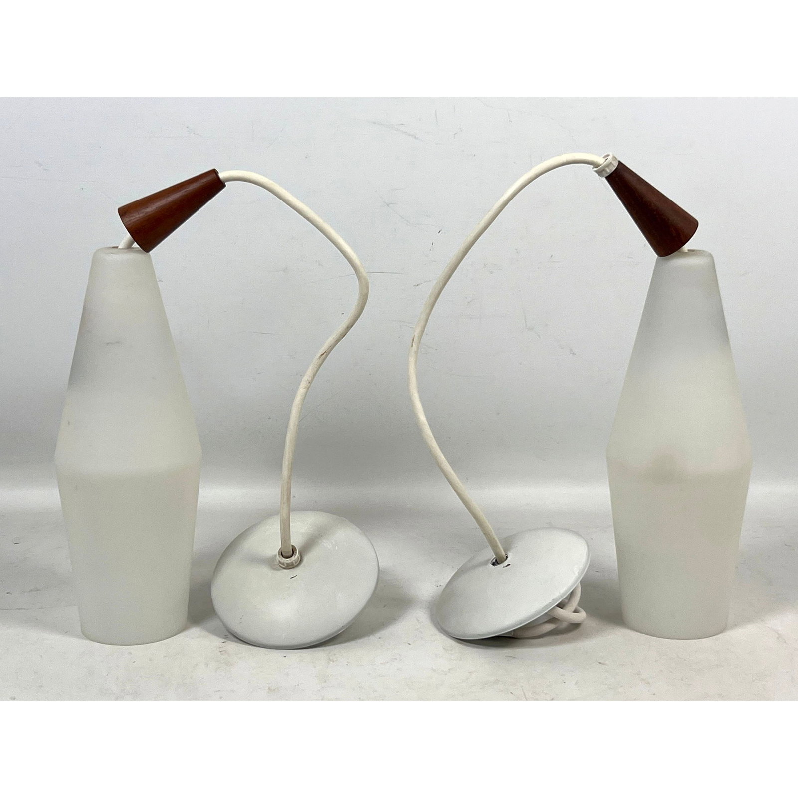 Pr Mid-Century Modern Prescolite Frosted Glass and Wood Pendant Lights Warminster Pennsylvania: Pr Mid-Century Modern Prescolite Frosted Glass and Wood Pendant Lights Warminster Pennsylvania Dimensions: Height: 19 inches, Width: 4 inches, Depth: 4 inches. --- US Packing and Shipping charge: In h