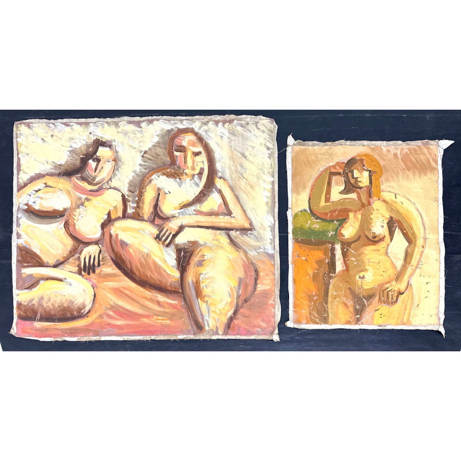Pair of large abstract figurative paintings. Loose not stretched.: Pair of large abstract figurative paintings. Loose not stretched. Dimensions: Height: 43 inches, Width: 51 inches. - Additional Dimensions: Smaller H: 36 inches, W: 29 inches ---