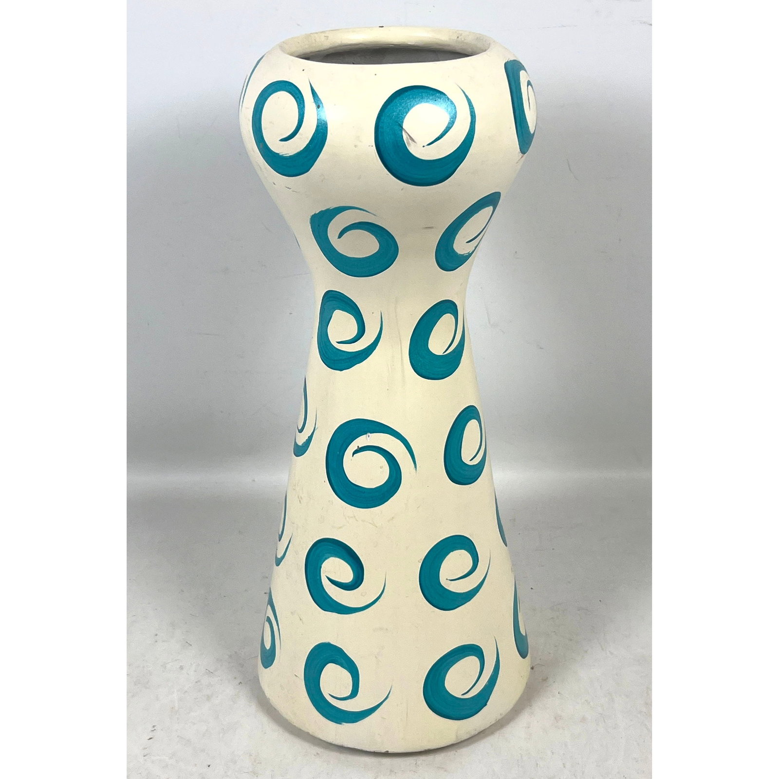 Large Mid-Century Modern Style Hand-Painted Ceramic Waisted Floor Vase Lamp Base with Teal Spirals: Large Mid-Century Modern Style Hand-Painted Ceramic Waisted Floor Vase Lamp Base with Teal Spirals Dimensions: Height: 19 inches, Width: 7.5 inches, Depth: 7.5 inches. --- US Packing and Shipping char