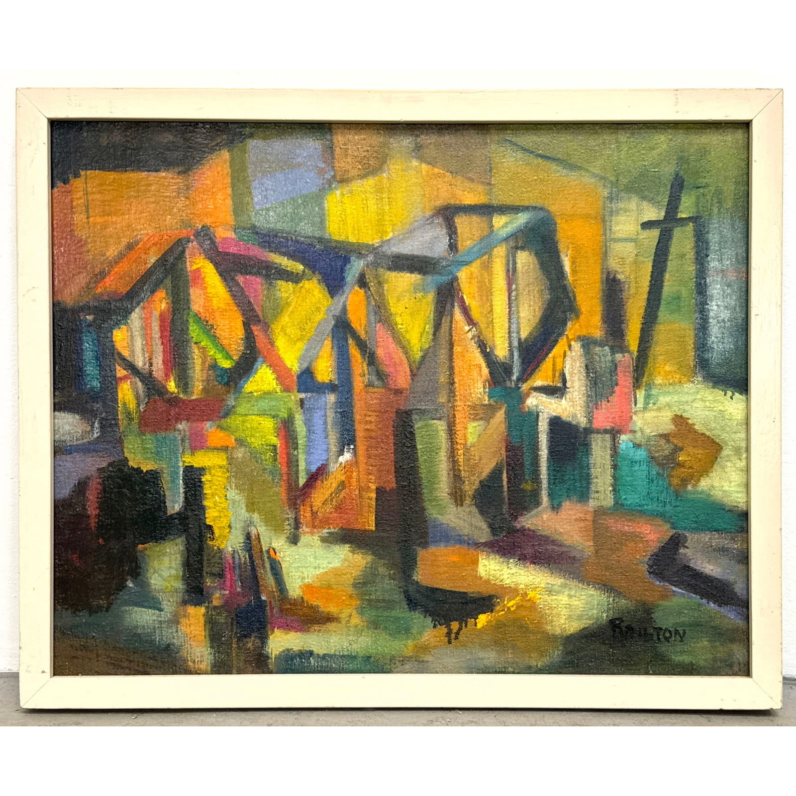 Railton, Modernist Abstract Industrial Oil on Canvas titled Bethlehem Steel Buffalo 1957. Signed.: Railton, Modernist Abstract Industrial Oil on Canvas titled Bethlehem Steel Buffalo 1957. Signed. Dimensions: Frame Height: 25.75 inches, Frame Width: 32 inches. - Image Size: Image Height: 23 inches,