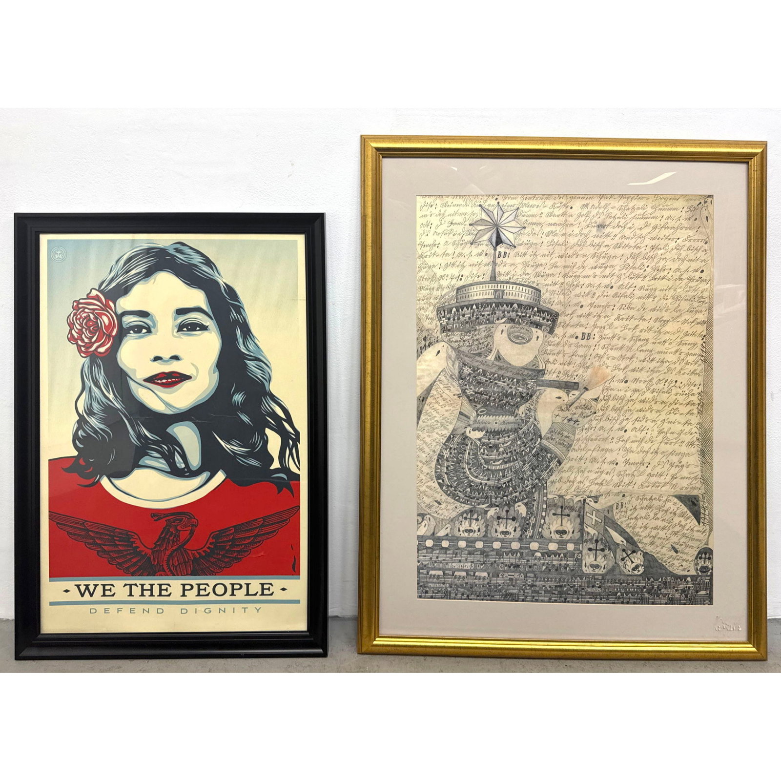 Two framed prints featuring Shepard Fairey We The People Defend Dignity offset lithograph and Adolf: Two framed prints featuring Shepard Fairey We The People Defend Dignity offset lithograph and Adolf Wolfli Art Brut reproduction print Dimensions: Frame Height: 46 inches, Frame Width: 36 inches. - Im