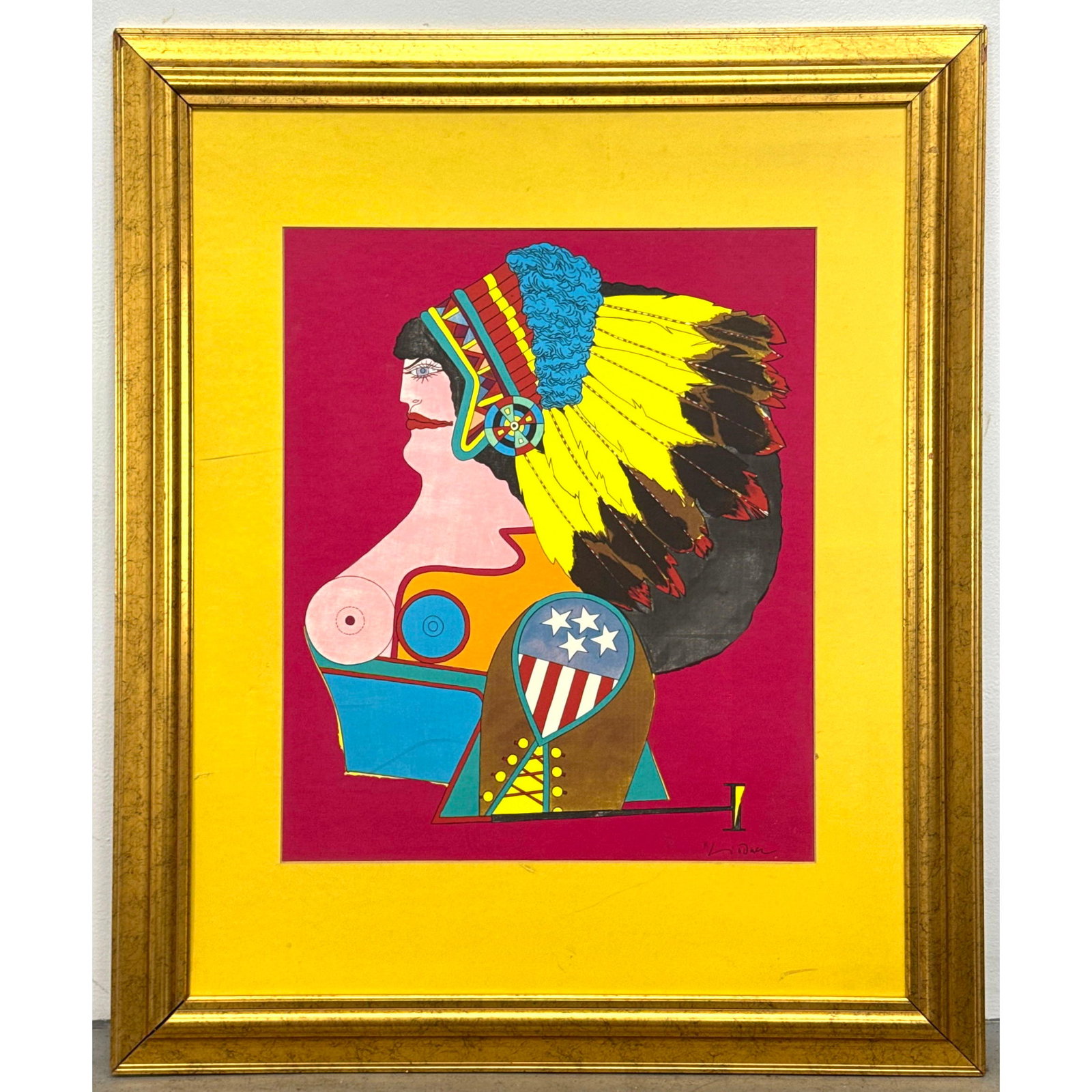 Richard Lindner Miss American Indian Signed Color Lithograph. Framed under glass with yellow mat and: Richard Lindner Miss American Indian Signed Color Lithograph. Framed under glass with yellow mat and gilded fram. Dimensions: Frame Height: 42 inches, Frame Width: 35 inches. - Image Size: Image Heigh