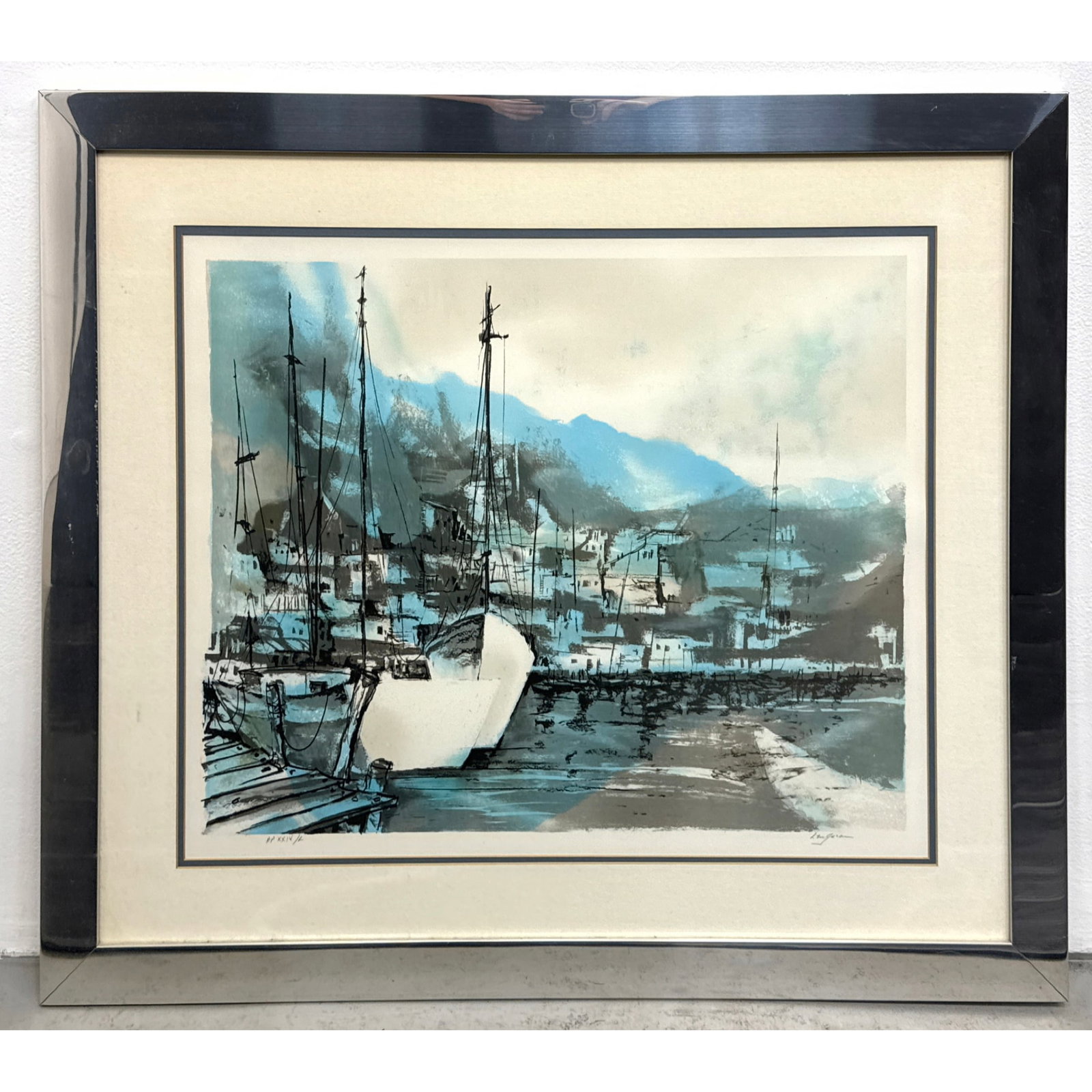 Len Garon Midnight Moorings color lithograph. Pencil signed Artist Proof edition XXIV/L. Framed and: Len Garon Midnight Moorings color lithograph. Pencil signed Artist Proof edition XXIV/L. Framed and double matted. Dimensions: Height: 32 inches, Width: 36.75 inches. ---