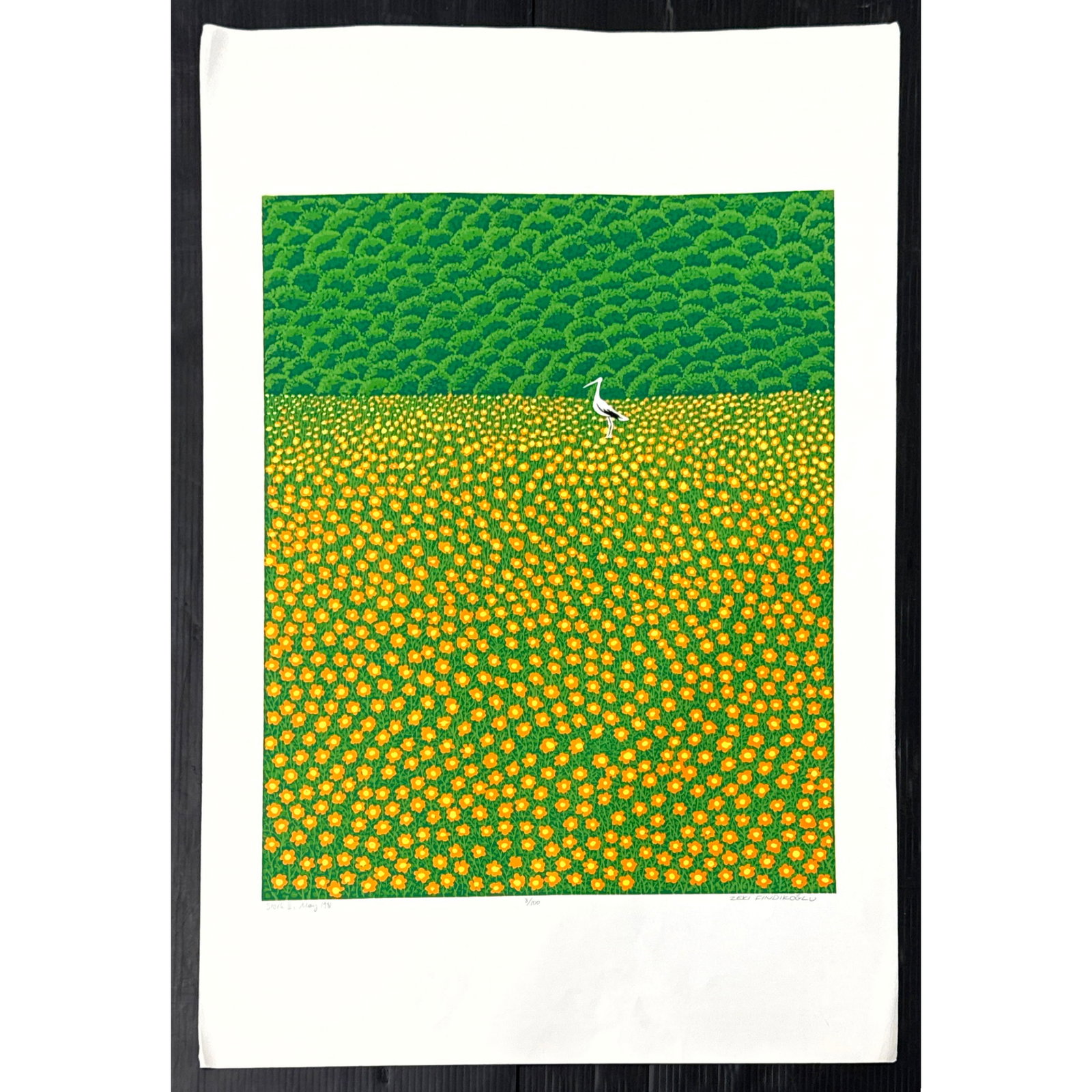Zeki Findikoglu Signed Limited Edition Serigraph Print Stork II May 1981 Numbered 8/100: Zeki Findikoglu Signed Limited Edition Serigraph Print Stork II May 1981 Numbered 8/100 Dimensions: Frame Height: 35 inches, Frame Width: 23 inches. - Image Size: Image Height: 23.75 inches, Image Wid