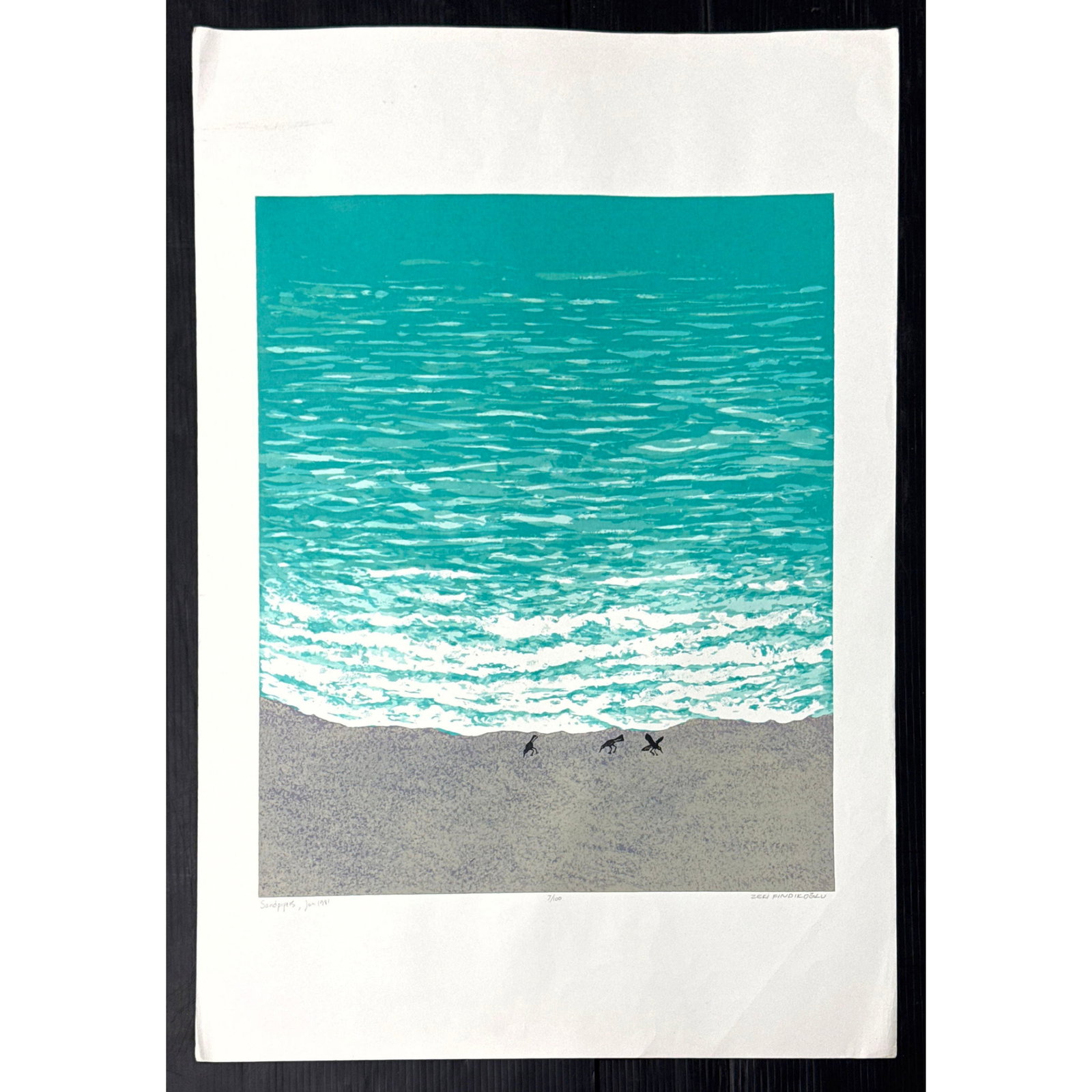 Zeki Findikoglu Limited Edition Serigraph Sandpipers June 1981 Pencil signed and numbered 7/100: Zeki Findikoglu Limited Edition Serigraph Sandpipers June 1981 Pencil signed and numbered 7/100 Dimensions: Frame Height: 35 inches, Frame Width: 23 inches. - Image Size: Image Height: 23.75 inches, I
