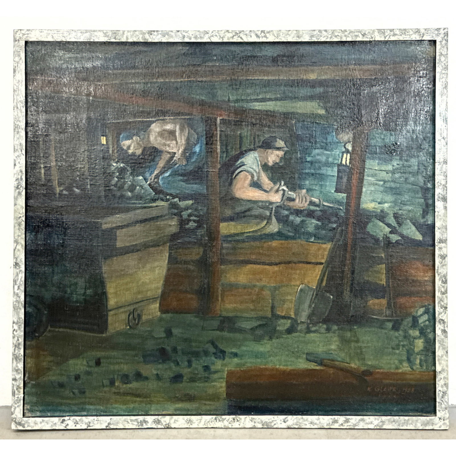 K. Glawe Large Scale Industrial Coal Miners Genre Oil on Canvas Painting. Signed and dated 1928. WPA (1 of 8)