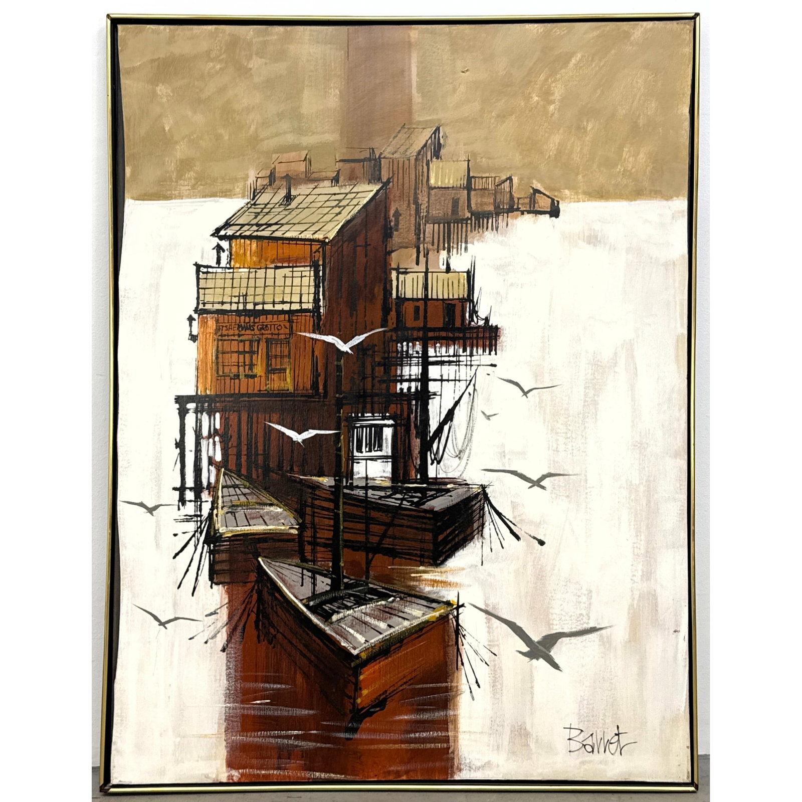Large Barret Mid Century Modern Coastal Harbor Scene Painting with Fisherman's Grotto Signage. Signe (1 of 9)