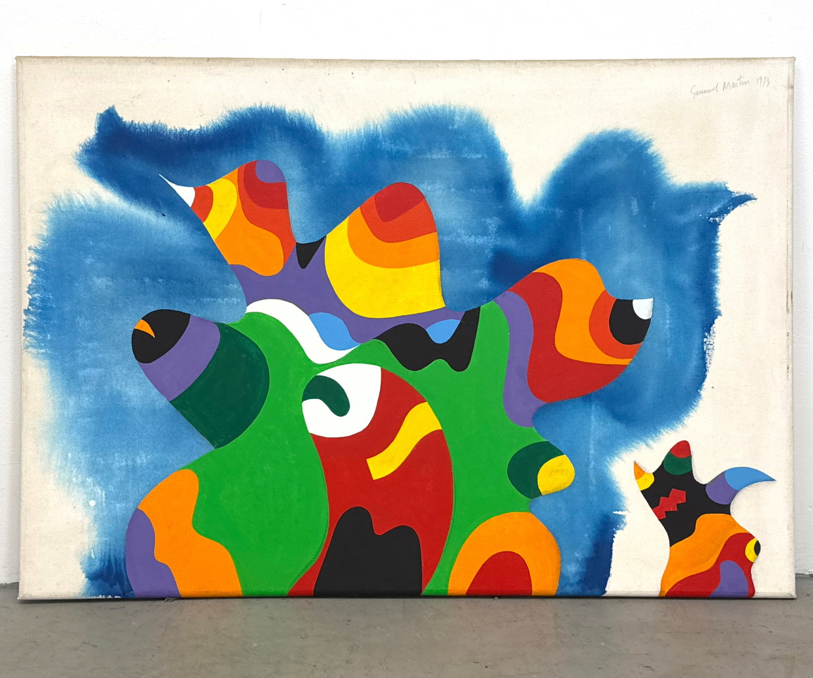Samuel Maitin 1973 Large Scale Abstract Acrylic Painting on Canvas. Biomorphic Forms with Blue Soak (1 of 8)