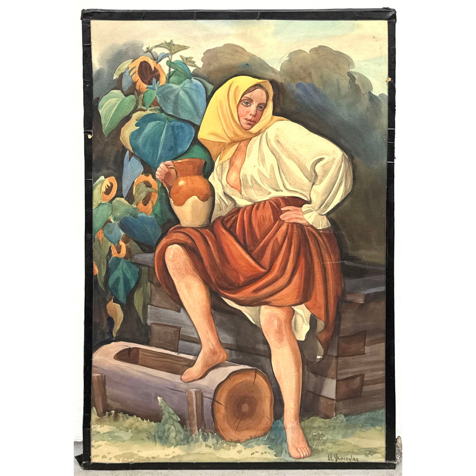 Large Wladyslaw Skoczylas Watercolor and Gouache Painting. Peasant Woman with Sunflowers and Jug. Si: Large Wladyslaw Skoczylas Watercolor and Gouache Painting. Peasant Woman with Sunflowers and Jug. Signed. Dimensions: Height: 40.5 inches, Width: 27 inches. ---