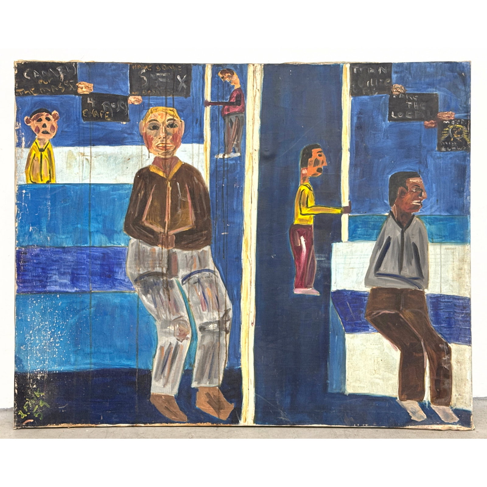 L Fink Outsider Art Subway Scene Painting on Canvas. Signed Dated 54. (1 of 10)