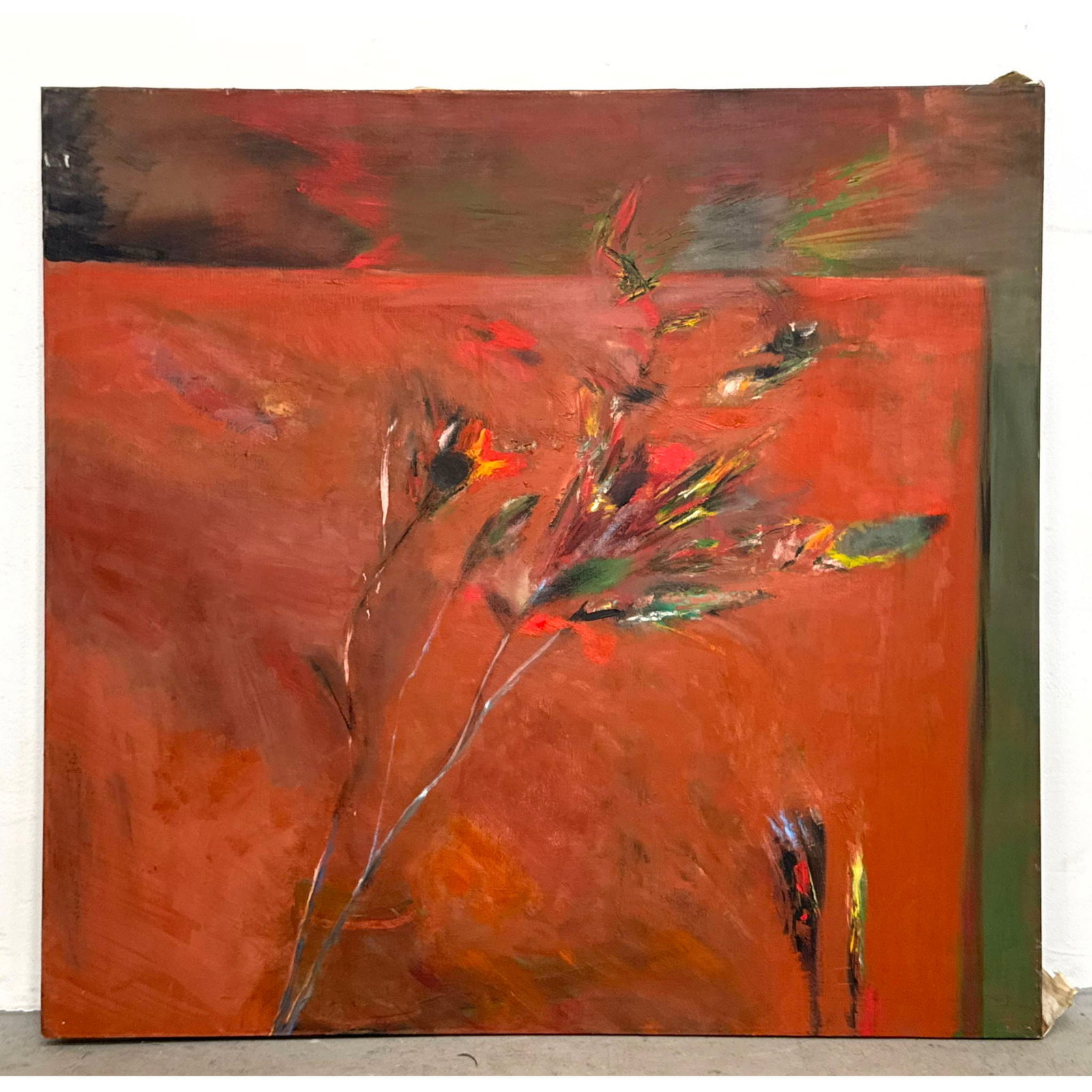 Large Norman Rubington Abstract Expressionist Oil Painting on Canvas. Botanical Floral Motif in Red (1 of 9)