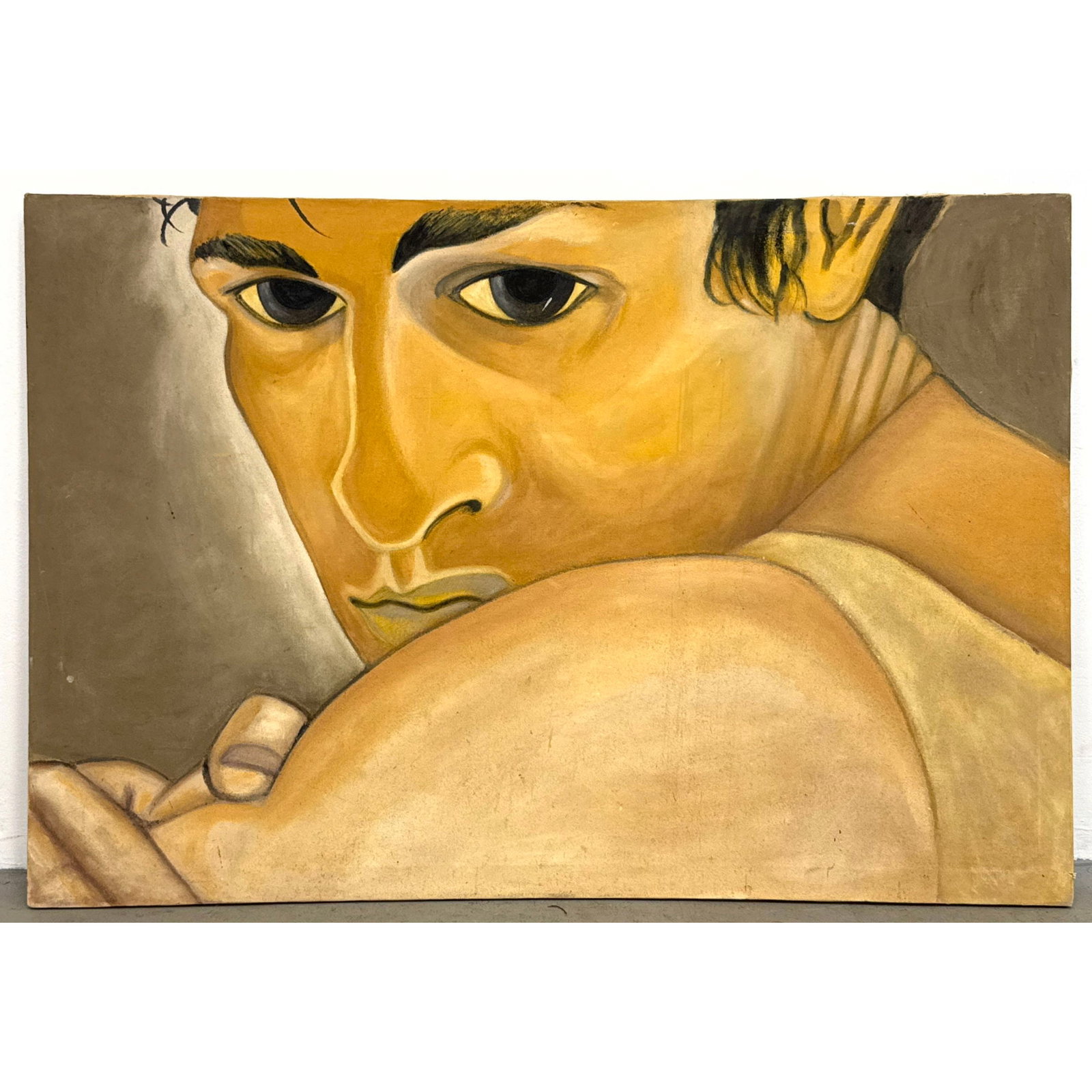 Large Modernist Figurative Portrait of a Male Figure. Unsigned Oil or Acrylic on Canvas. Stretched b: Large Modernist Figurative Portrait of a Male Figure. Unsigned Oil or Acrylic on Canvas. Stretched but Unframed. Dimensions: Height: 32.25 inches, Width: 50 inches. ---