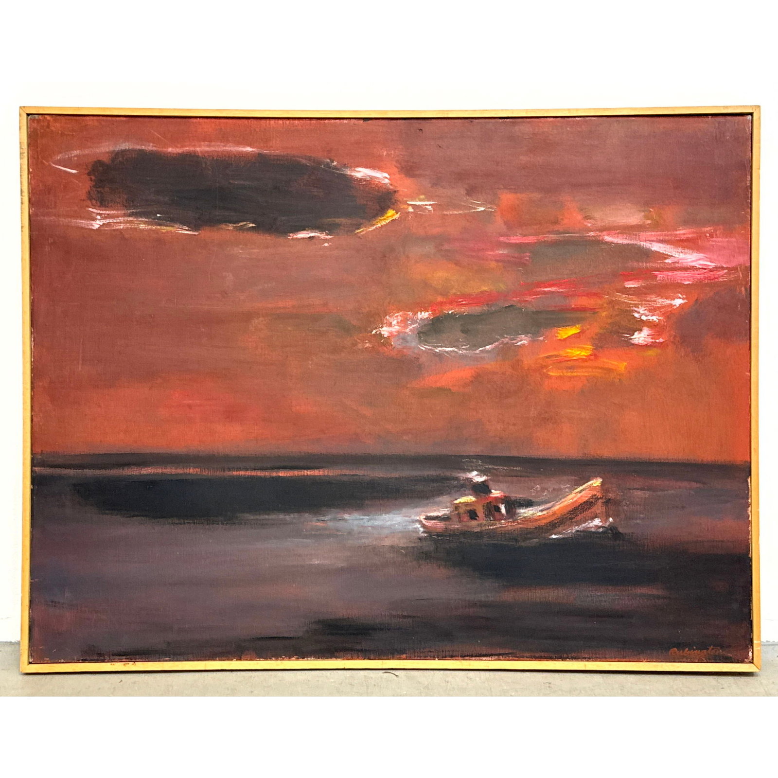 Large Norman Rubington Mid Century Modern Oil on Canvas Painting of a Solitary Fishing Boat at Sunse: Large Norman Rubington Mid Century Modern Oil on Canvas Painting of a Solitary Fishing Boat at Sunset. Signed Rubington. Dimensions: Height: 37.5 inches, Width: 49.25 inches. ---