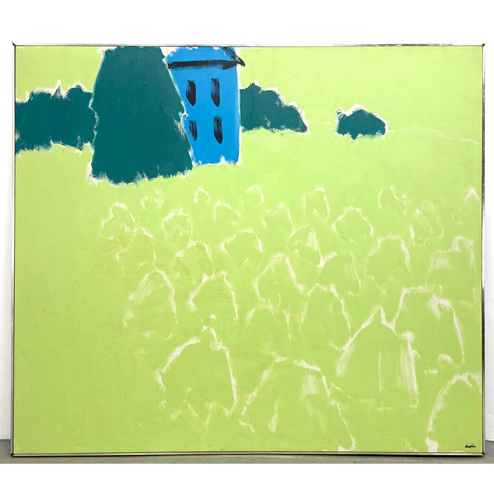 George Chaplin color field geometric abstraction haystack environment monumental oil on stretched ca: George Chaplin color field geometric abstraction haystack environment monumental oil on stretched canvas painting 1966 signed inscribed Dimensions: Height: 55 inches, Width: 62.75 inches. ---