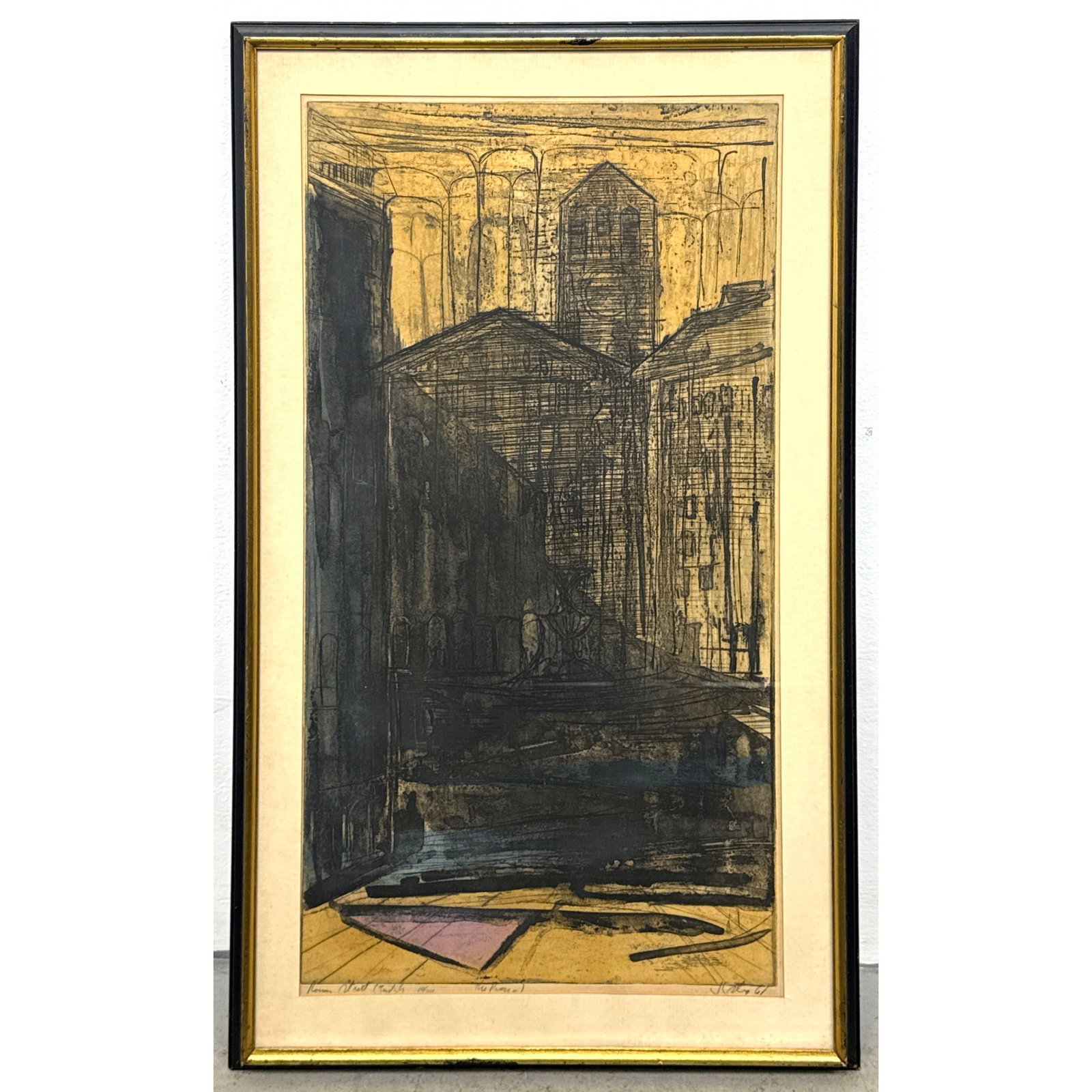 Signed and Numbered Multi-color Mid-Century Etching with Aquatint titled Roman Street Church, Editio: Signed and Numbered Multi-color Mid-Century Etching with Aquatint titled Roman Street Church, Edition 10/40, Dated 1967, Framed Under Glass Dimensions: Frame Height: 33 inches, Frame Width: 19.5 inche