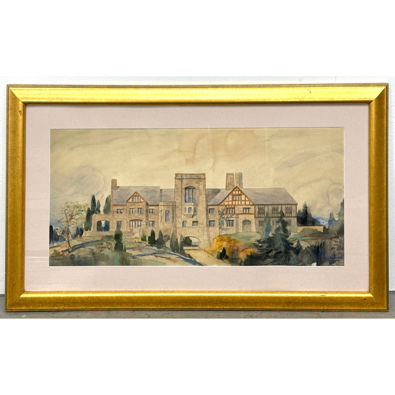 Architectural Watercolor Painting of a Stone Manor House Tudor Revival Style. signed.: Architectural Watercolor Painting of a Stone Manor House Tudor Revival Style. signed. Dimensions: Frame Height: 25.5 inches, Frame Width: 43 inches. - Image Size: Image Height: 15.5 inches, Image Widt