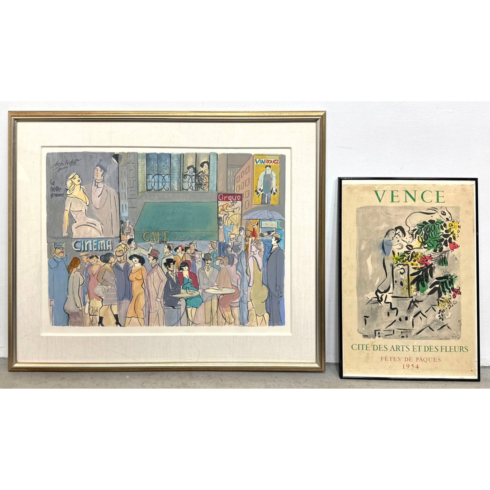 2pcs Art. David Schneuer Limited Edition Color Lithograph Cafe du Dome and After Marc Chagall Venice: 2pcs Art. David Schneuer Limited Edition Color Lithograph Cafe du Dome and After Marc Chagall Venice 1954 Exhibition Poster Dimensions: Frame Height: 40 inches, Frame Width: 50 inches. - Image Size: I