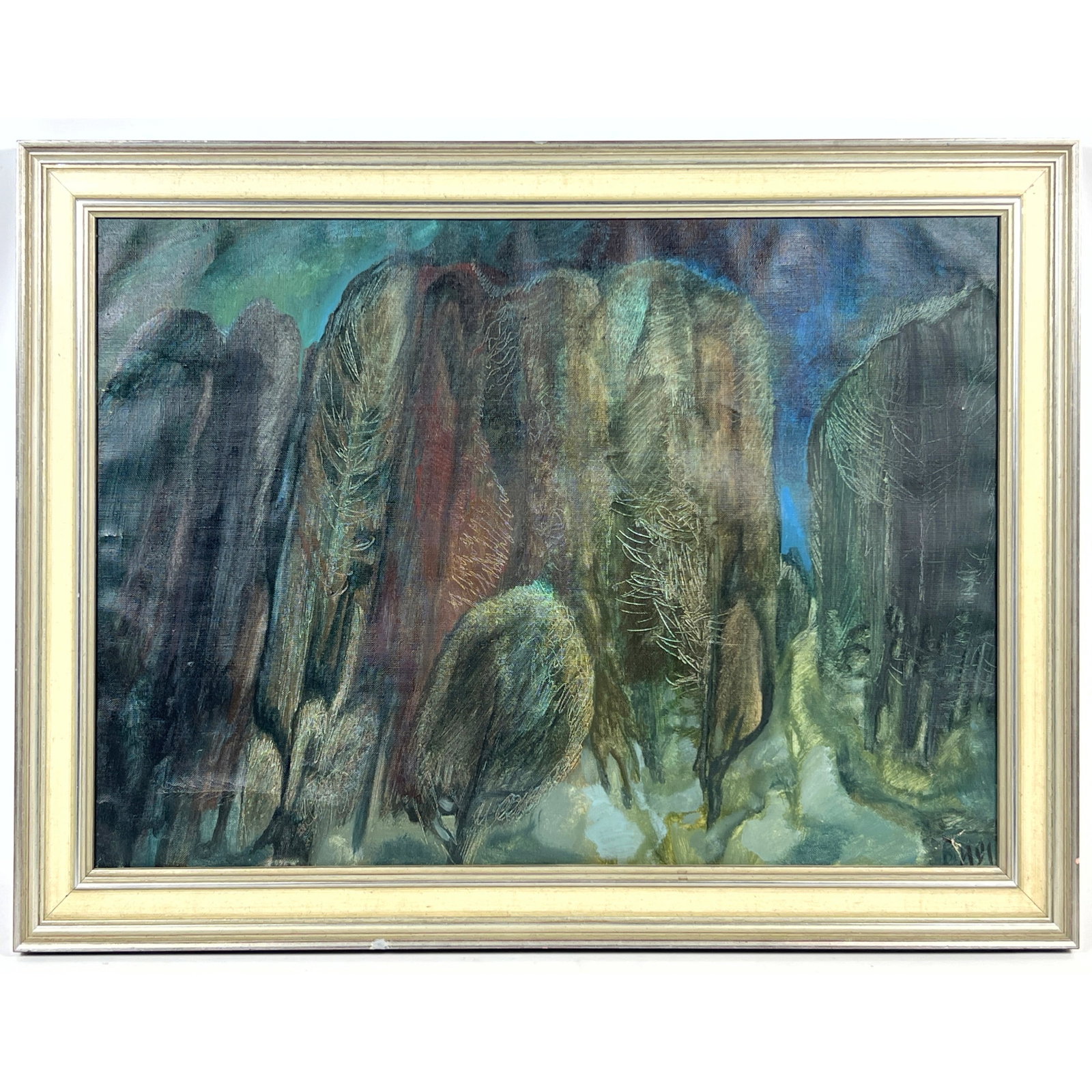 Expressionist Forest Landscape Oil Painting on Canvas. Inscribed Verso.: Expressionist Forest Landscape Oil Painting on Canvas. Inscribed Verso. Dimensions: Frame Height: 23 inches, Frame Width: 30.75 inches. - Image Size: Image Height: 18.75 inches, Image Width: 26.5 inch