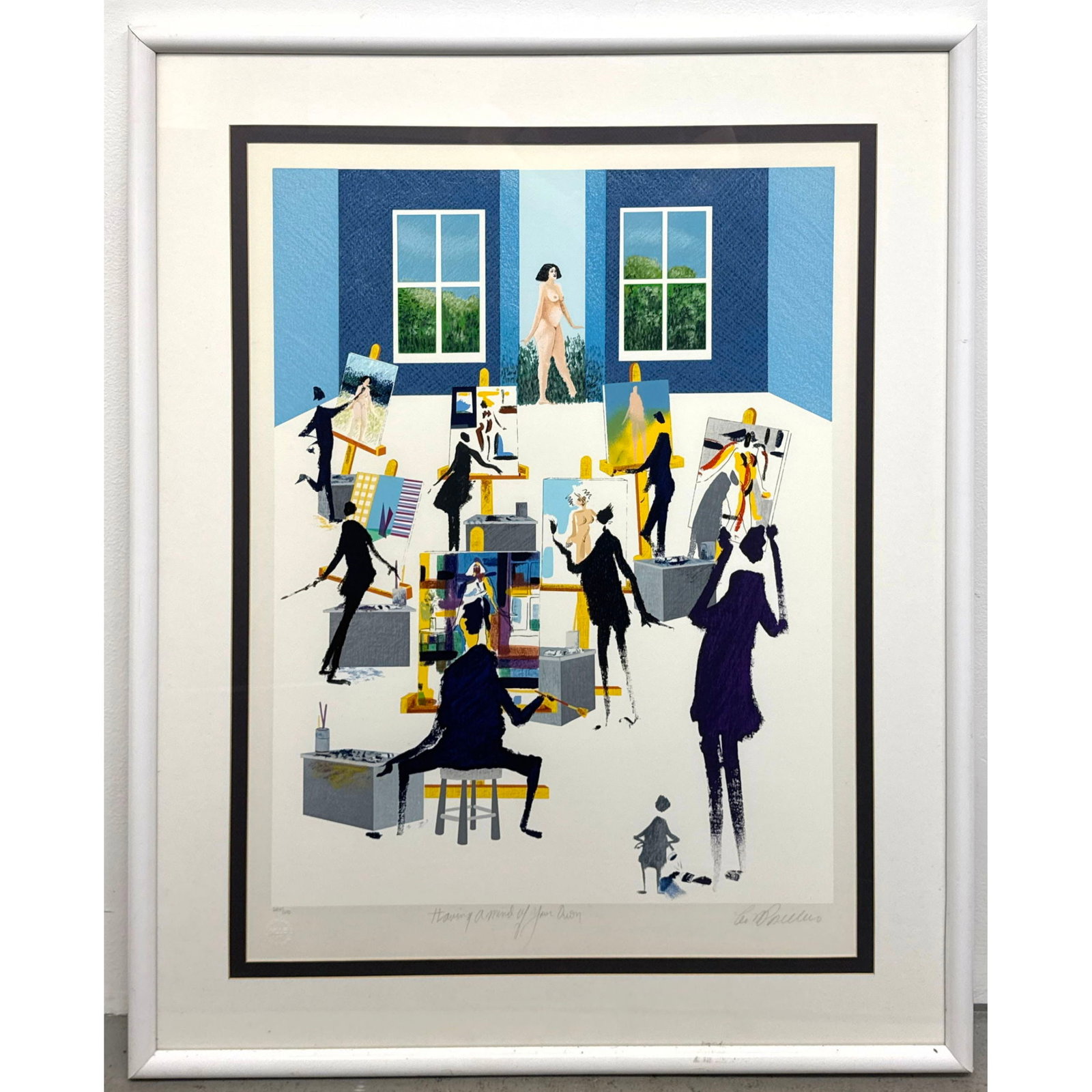 Leo Posillico Serigraph titled Having a mind of your own pencil signed and numbered 288/295 framed u: Leo Posillico Serigraph titled Having a mind of your own pencil signed and numbered 288/295 framed under glass with Stuart Lawrence blind stamp. Dimensions: Frame Height: 46 inches, Frame Width: 36 in