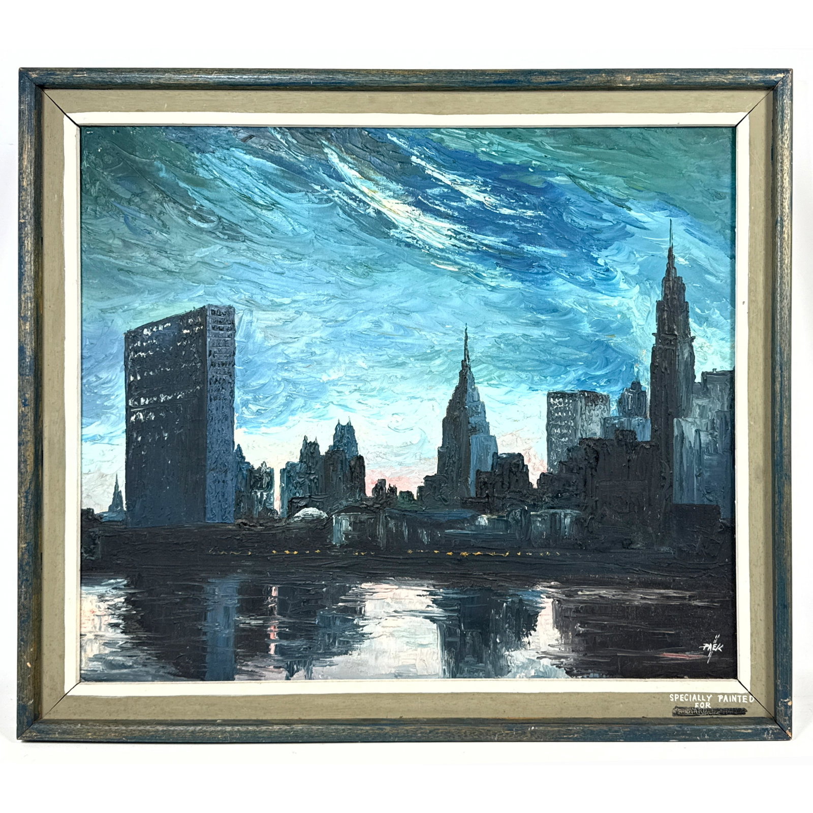 Paek Vintage New York Cityscape Oil on Canvas Painting, United Nations Building, East River, Signed (1 of 9)