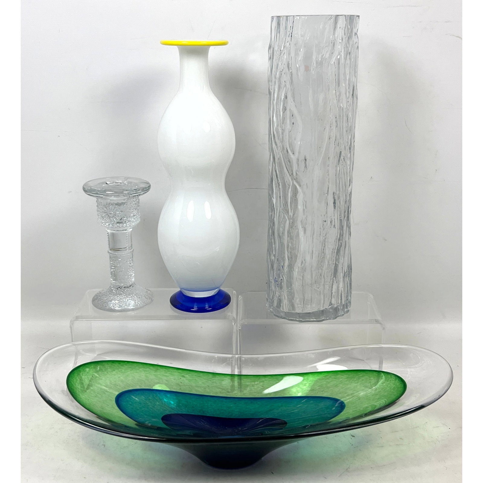 4pc lot of Art Glass including signed Saturn Glass centerpiece bowl, Orrefors cased vase, and tall t (1 of 17)