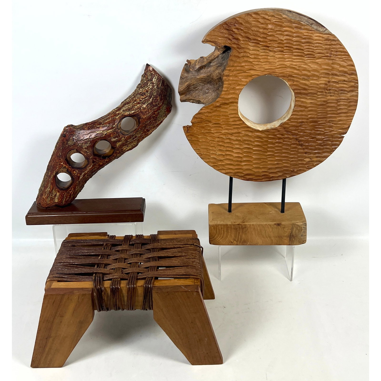 3pc Lot Organic Modern Studio Craft Wood Sculptures and Woven Footstool. Hand Carved and Assembled A (1 of 14)