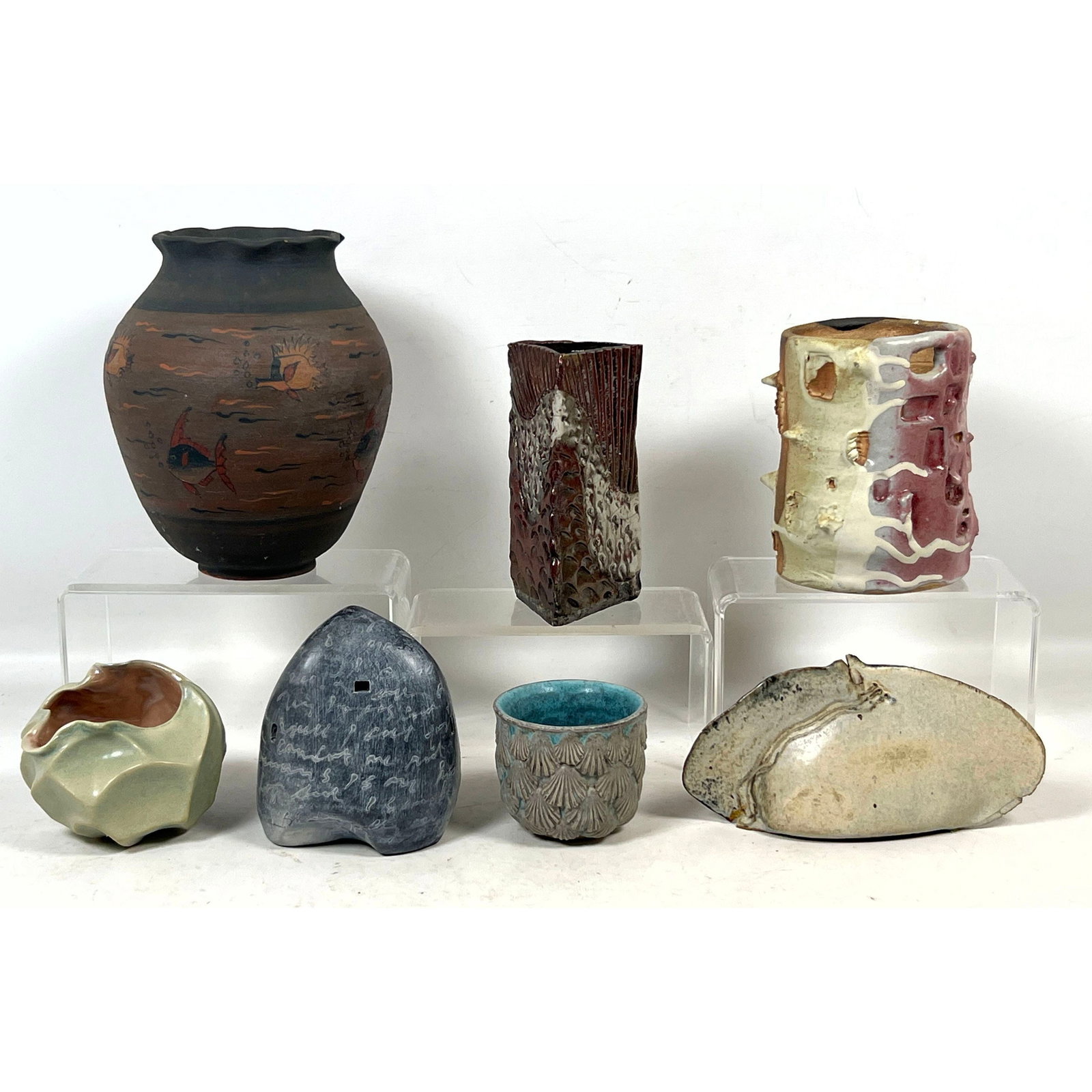 7pc Contemporary Studio Pottery including Baldwin wing sculpture and Lloyd's Ceramics fish vase: 7pc Contemporary Studio Pottery including Baldwin wing sculpture and Lloyd's Ceramics fish vase Dimensions: Height: 8.5 inches, Width: 6.5 inches, Depth: 6.5 inches. --- US Packing and Shipping charge