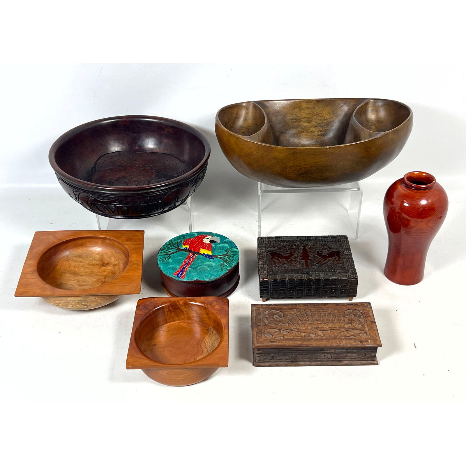 8pcs Artisan Wooden Decorative Items including Reuge Swiss Music Box Auld Art Haitian Bowl and Carve (1 of 20)