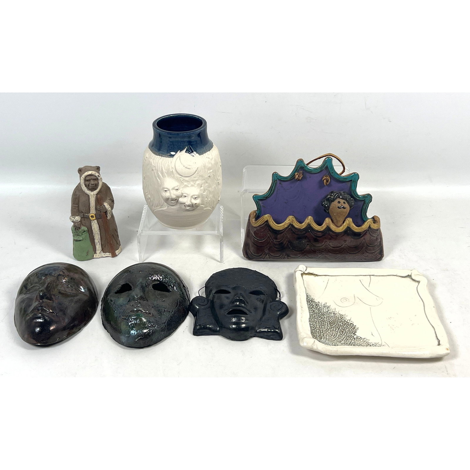 7pcs Art Pottery and Ceramic Studio Works including Vessel signed Little Shelly 1992 and Dish signed: 7pcs Art Pottery and Ceramic Studio Works including Vessel signed Little Shelly 1992 and Dish signed Lindsay and Black Mask marked Mexico Dimensions: Height: 7 inches, Width: 4.5 inches, Depth: 4.5 in