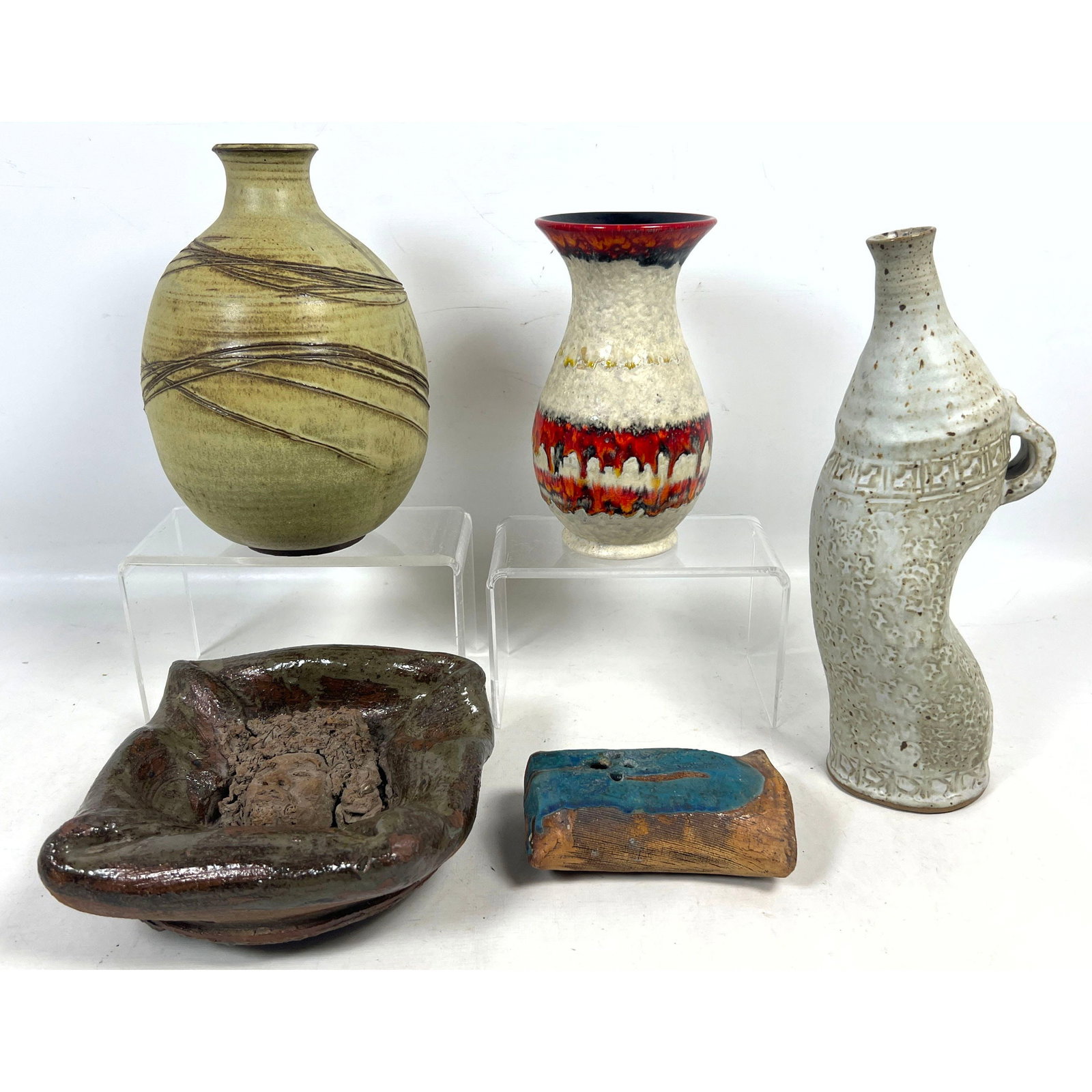 5pc Studio and Art Pottery - West German Fat Lava Vase and Sculptural Ceramic Works signed by D. Gie: 5pc Studio and Art Pottery - West German Fat Lava Vase and Sculptural Ceramic Works signed by D. Gielando and Micah Dimensions: Height: 12.5 inches, Width: 5 inches, Depth: 5 inches. --- US Packing an