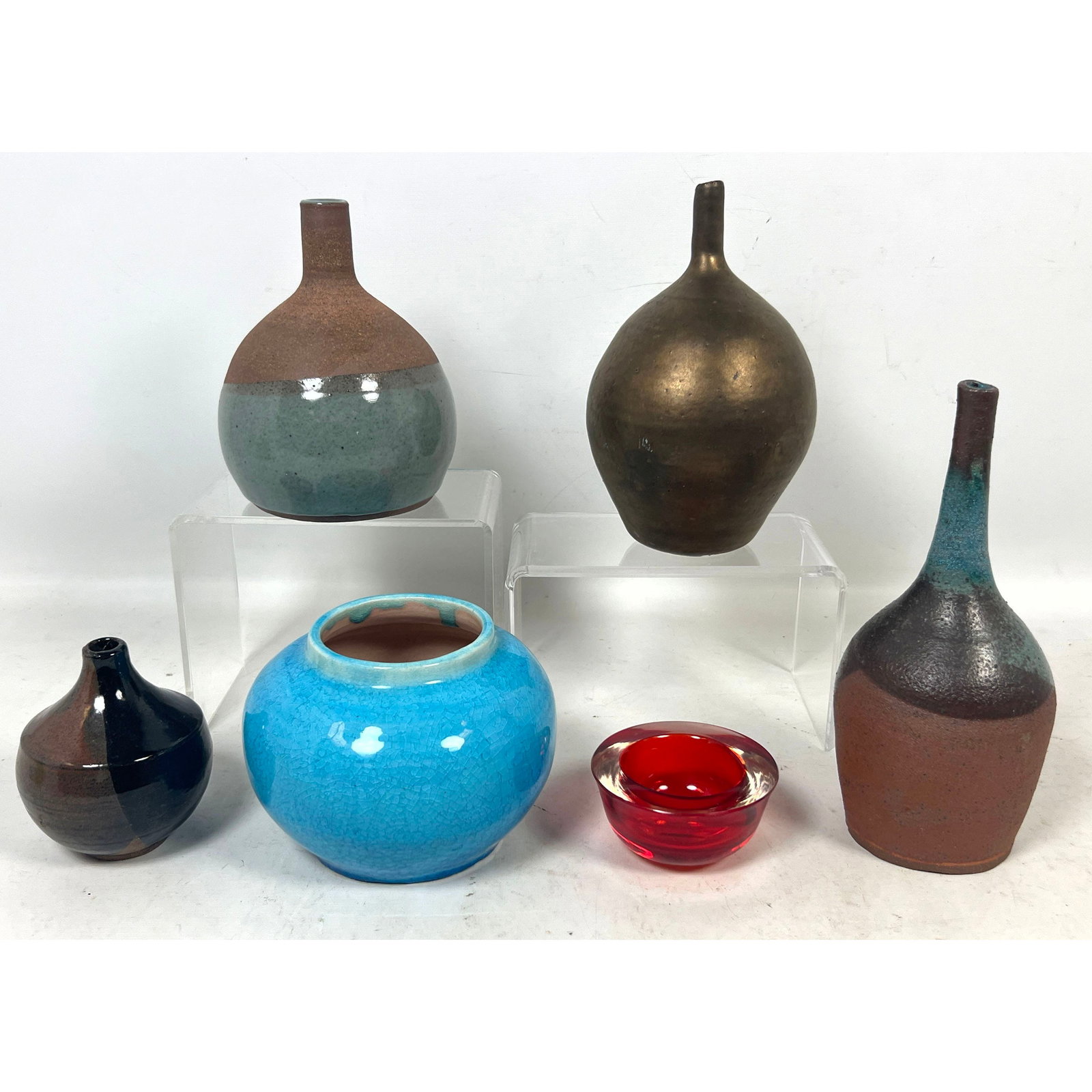 6pcs Mid Century Modern Accessories. Signed Glazed Earthen Weed Pot Vases and Italian Art Glass Nut: 6pcs Mid Century Modern Accessories. Signed Glazed Earthen Weed Pot Vases and Italian Art Glass Nut Dish Dimensions: Height: 9.5 inches, Width: 4 inches, Depth: 4 inches. --- US Packing and Shipping c