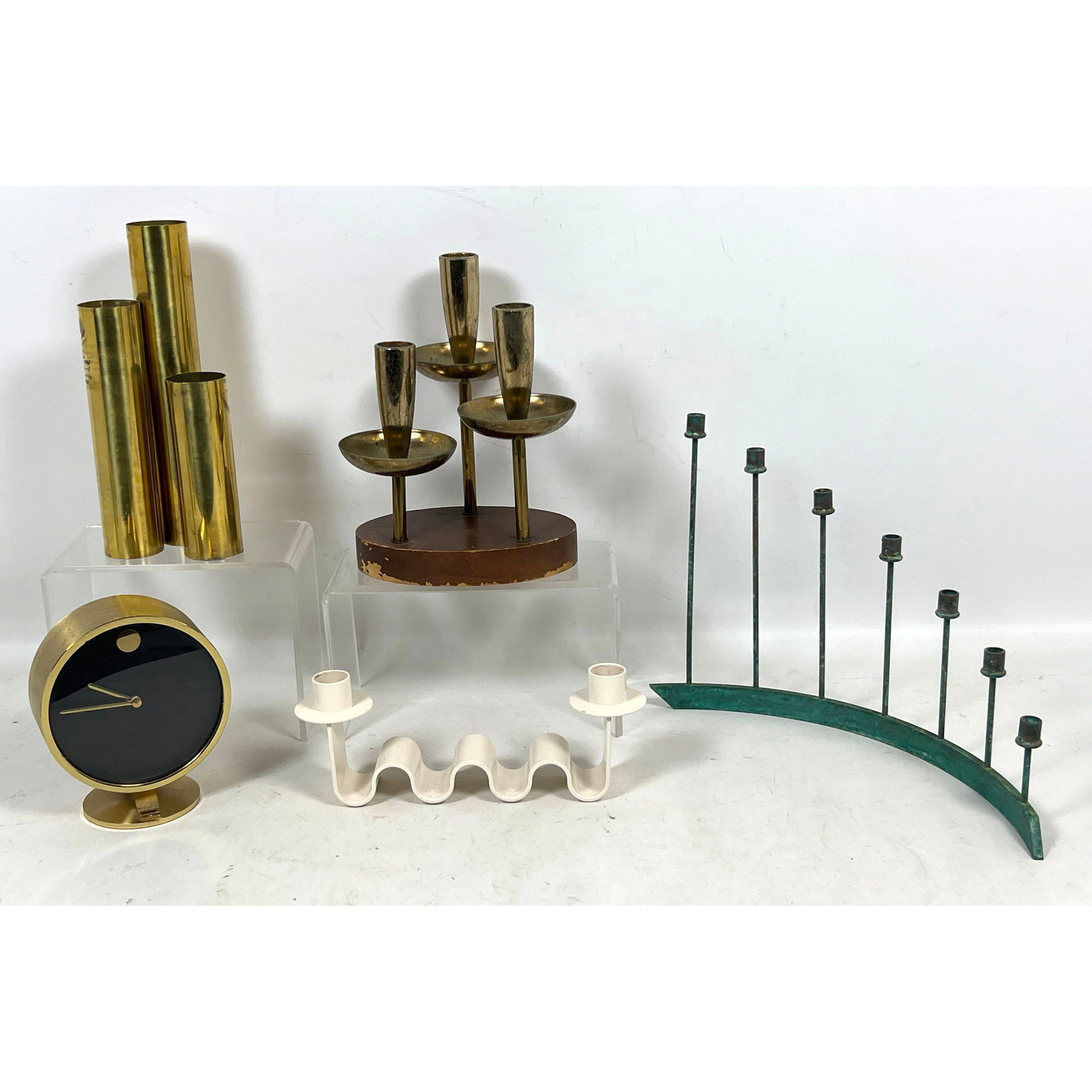 5pc lot Mid Century Modern decorative objects featuring Howard Miller Museum desk clock, R MacDonald (1 of 15)