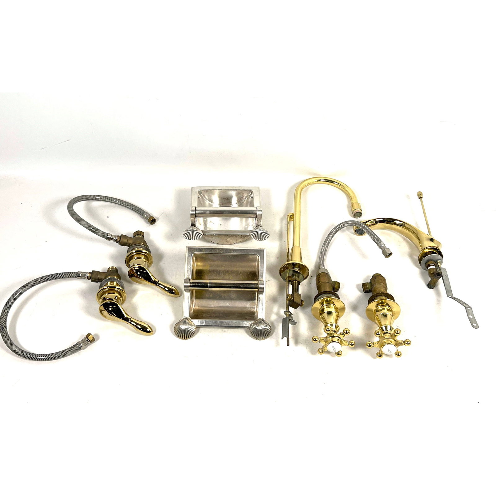 Salvaged bathroom hardware including gold tone gooseneck faucet with cross handles and shell motif t (1 of 14)