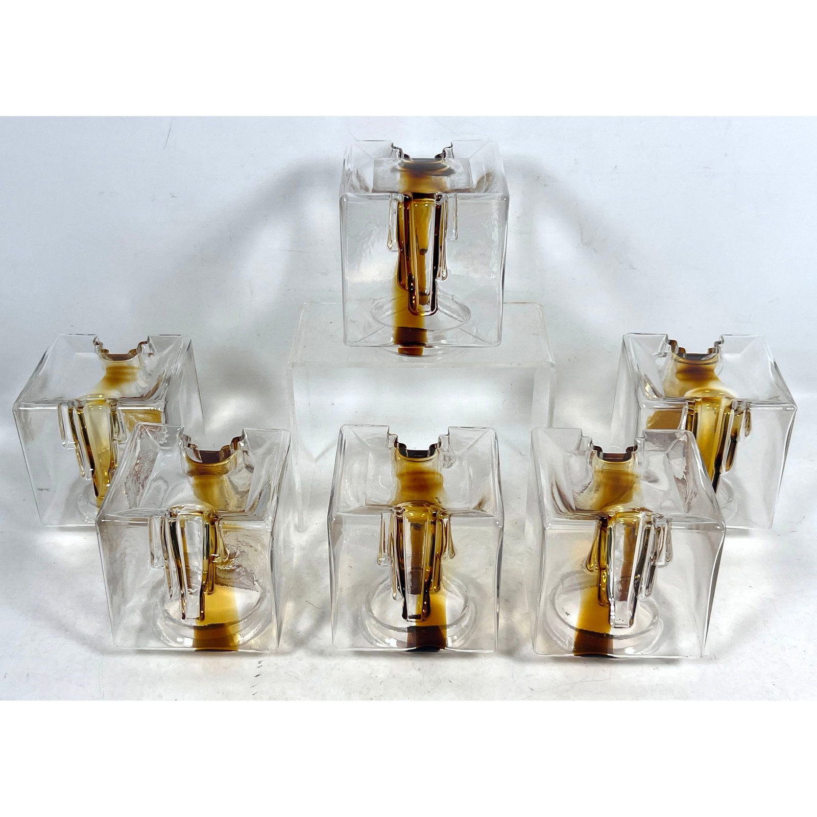Set 6 Toni Zuccheri for VeArt Cubic architectural art glass cubes with internal amber splash. LIGHTI: Set 6 Toni Zuccheri for VeArt Cubic architectural art glass cubes with internal amber splash. LIGHTING GLOBES. Dimensions: Height: 5.5 inches, Width: 4.5 inches, Depth: 4.5 inches. - Additional Dimens