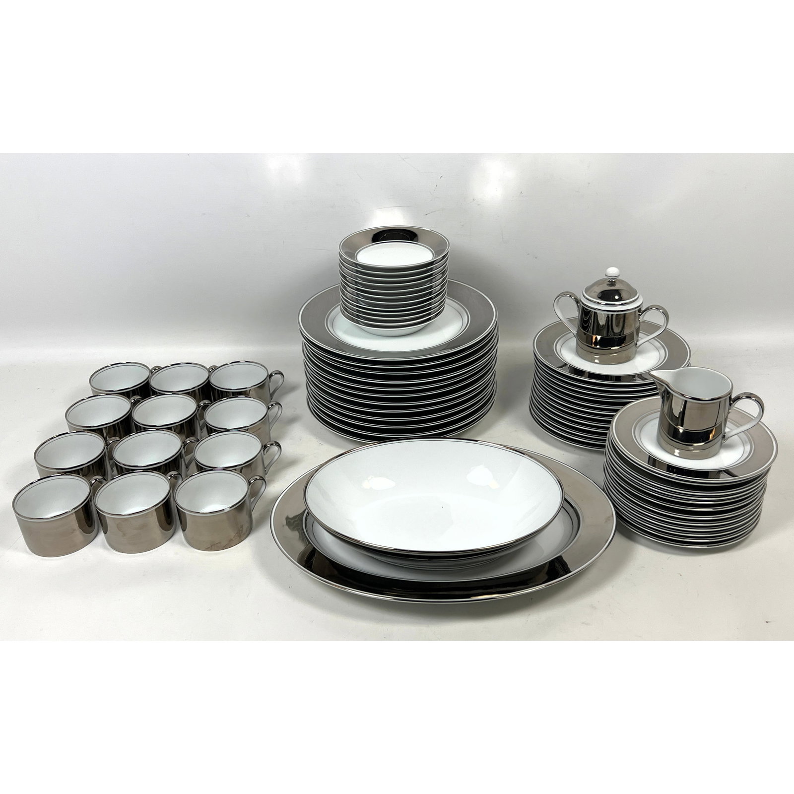 64pc Set of Fitz and Floyd Platinum Rondelet porcelain dinnerware. 1981. (1 of 20)