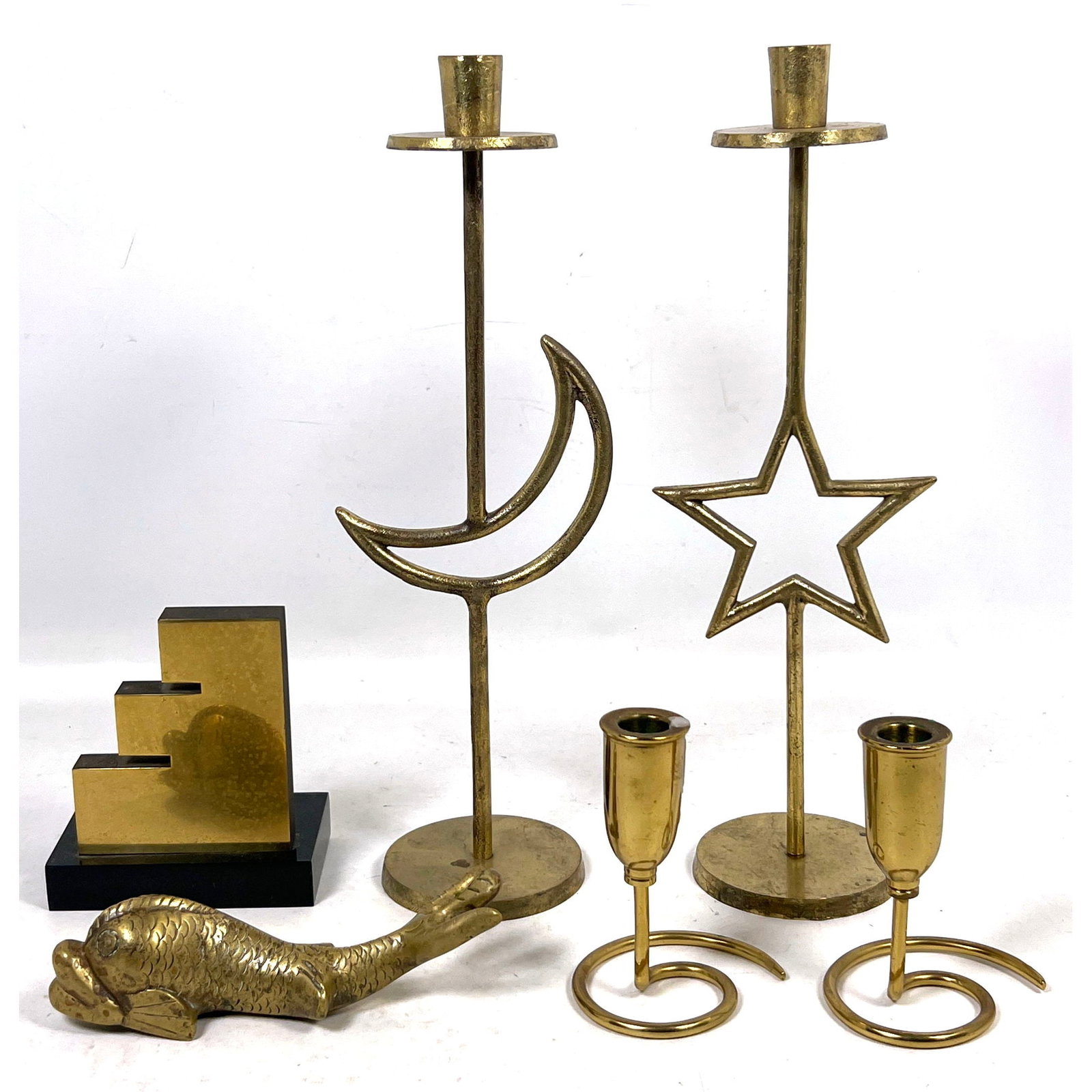 Assortment of brass decorative objects featuring celestial themed candlesticks made in India 1984 Go (1 of 15)