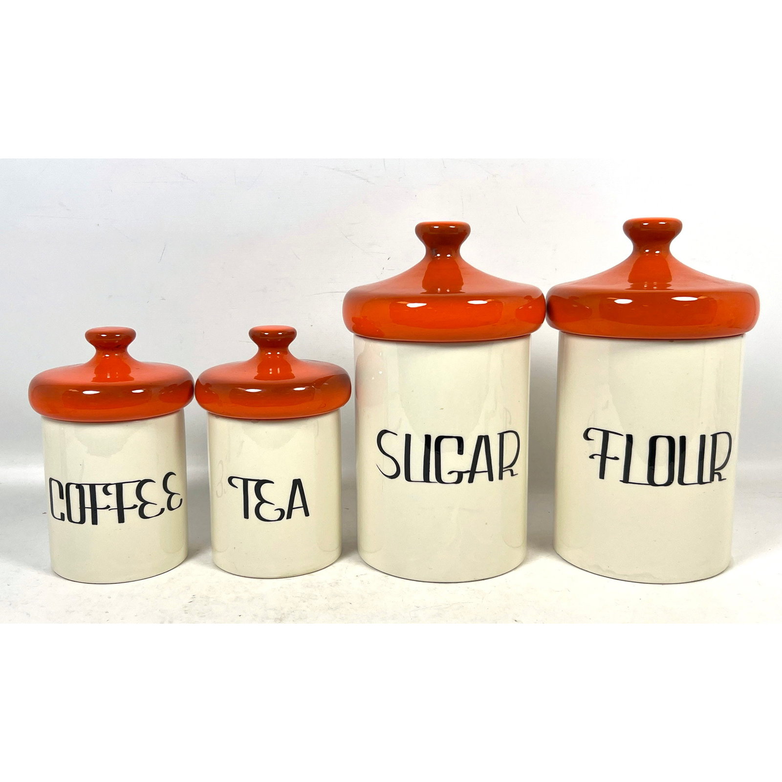 4pc Set Vintage Ceramic Graduated Kitchen Canisters with Orange Mushroom Lids attributed to Holiday (1 of 18)