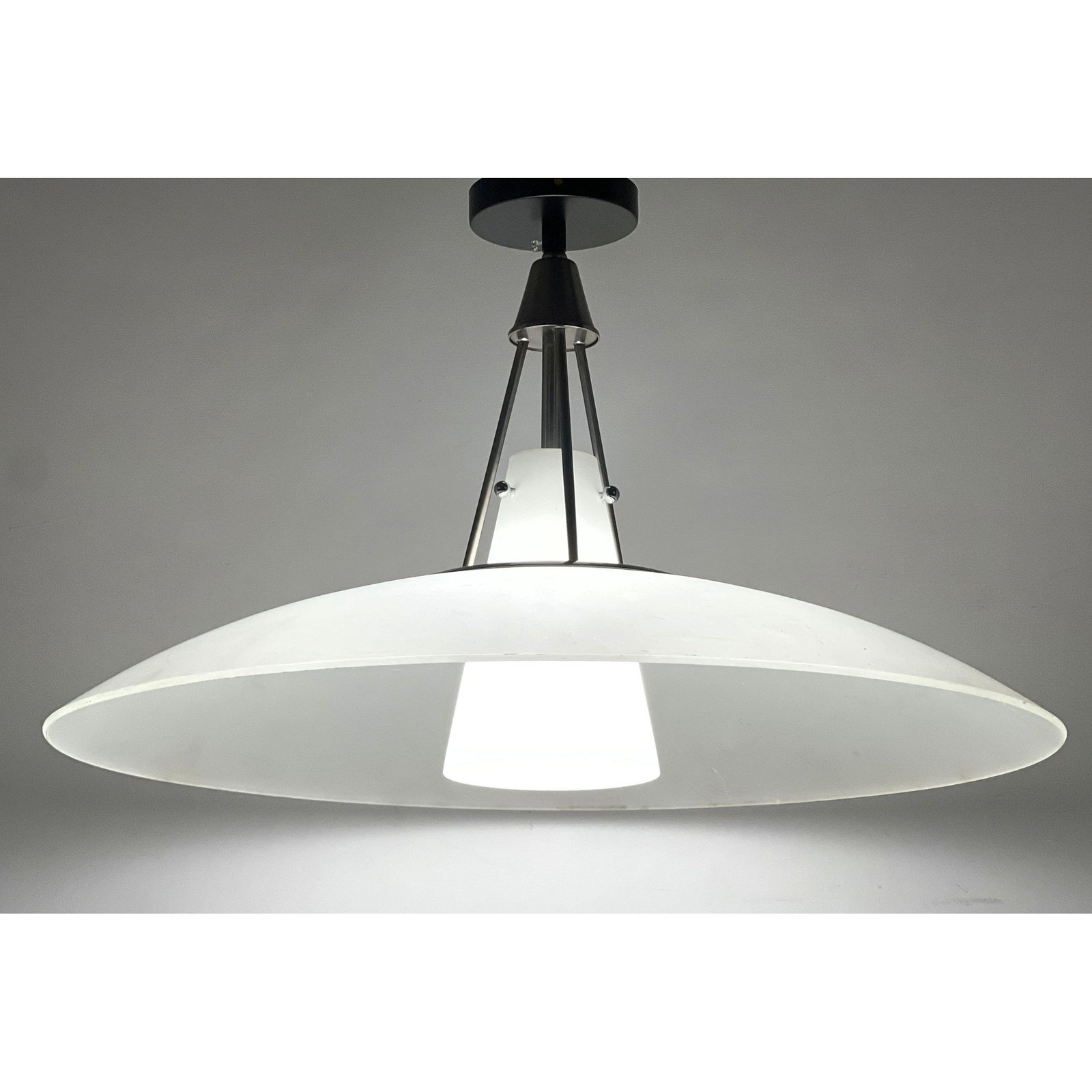 Mid-Century Modern Frosted Glass Saucer Pendant Light Featuring Brushed Metal Tripod Frame and Dual (1 of 13)