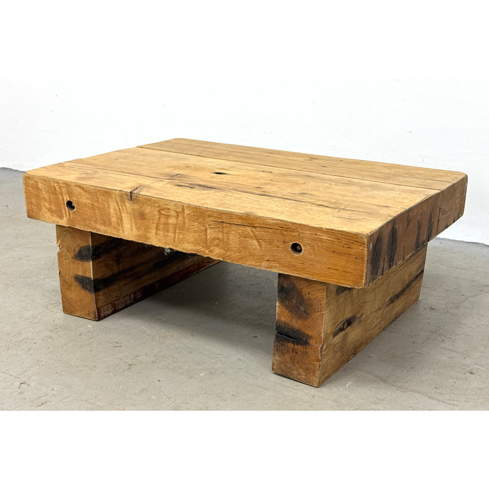 Brutalist Dutch rail tie coffee table (1960s). Solid Oak Timber Coffee Table with 2 Sled Style Pedes (1 of 10)