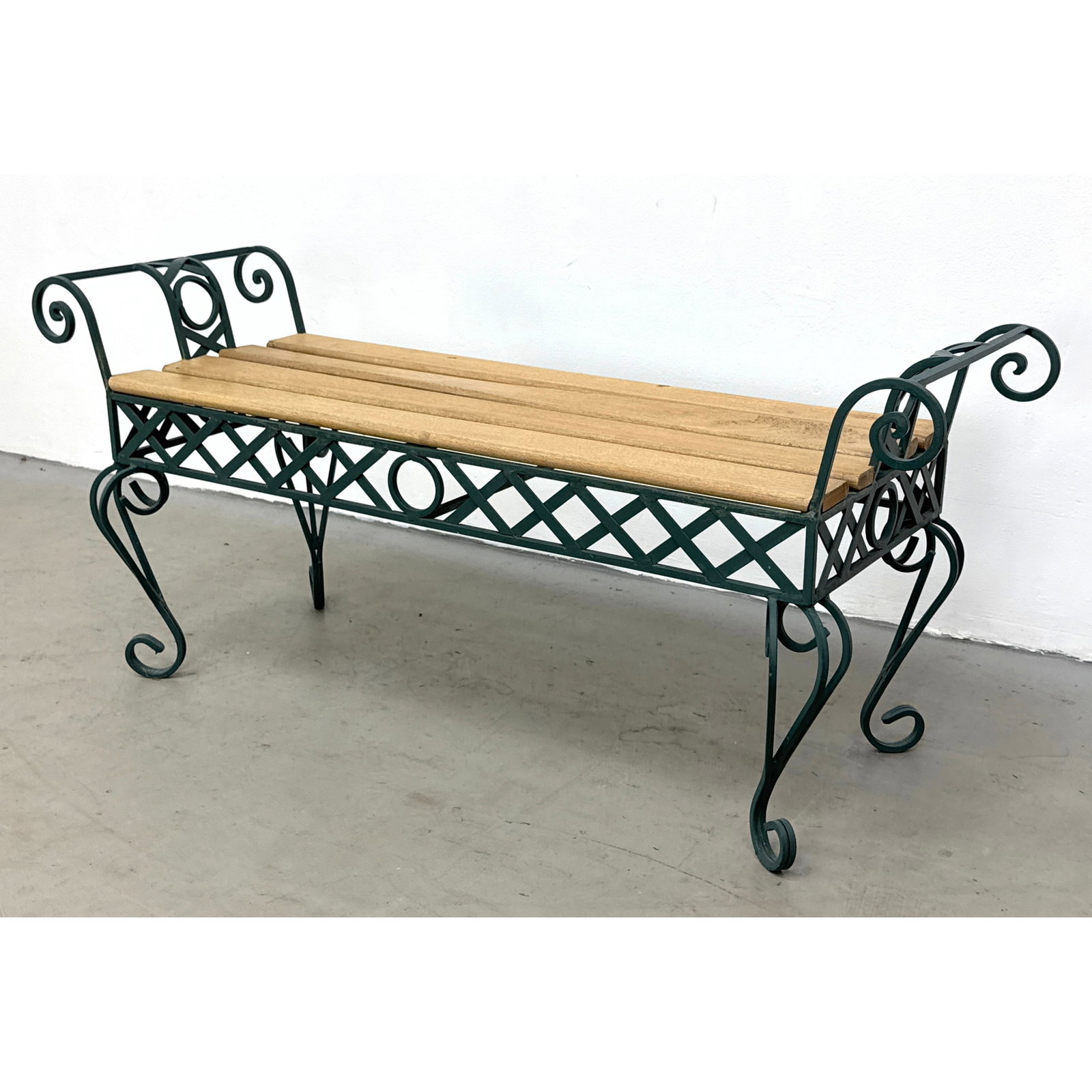 Wrought Iron and Hardwood Slat Garden Bench with Scrolled Arms and Lattice Apron in Hunter Green (1 of 11)