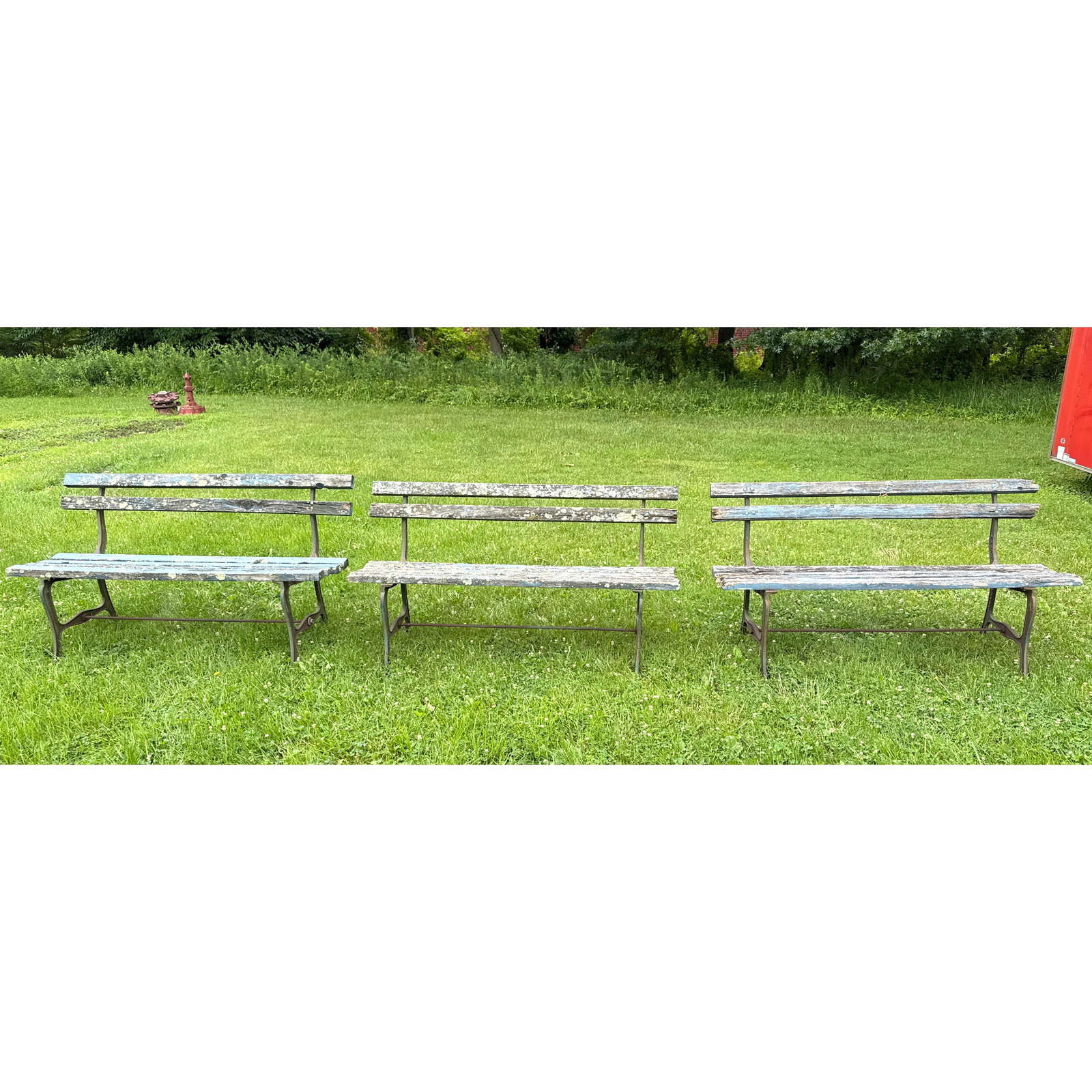 3pc A.B. Cohu Cast Iron and Wood Garden Benches. 197 Water Street New York. Weathered Blue Paint.: 3pc A.B. Cohu Cast Iron and Wood Garden Benches. 197 Water Street New York. Weathered Blue Paint. Dimensions: Height: 32 inches, Width: 60 inches, Depth: 19 inches. - Seat Height: 19 inches ---
