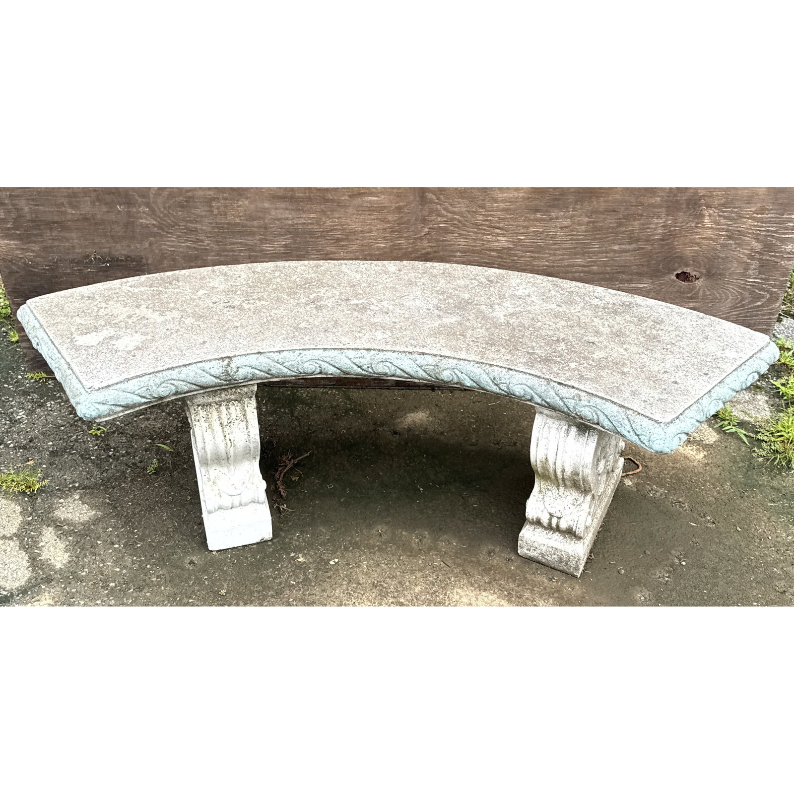 3pc Neoclassical style curved cast stone garden bench with Vitruvian wave seat and ornate scrolled p (1 of 6)
