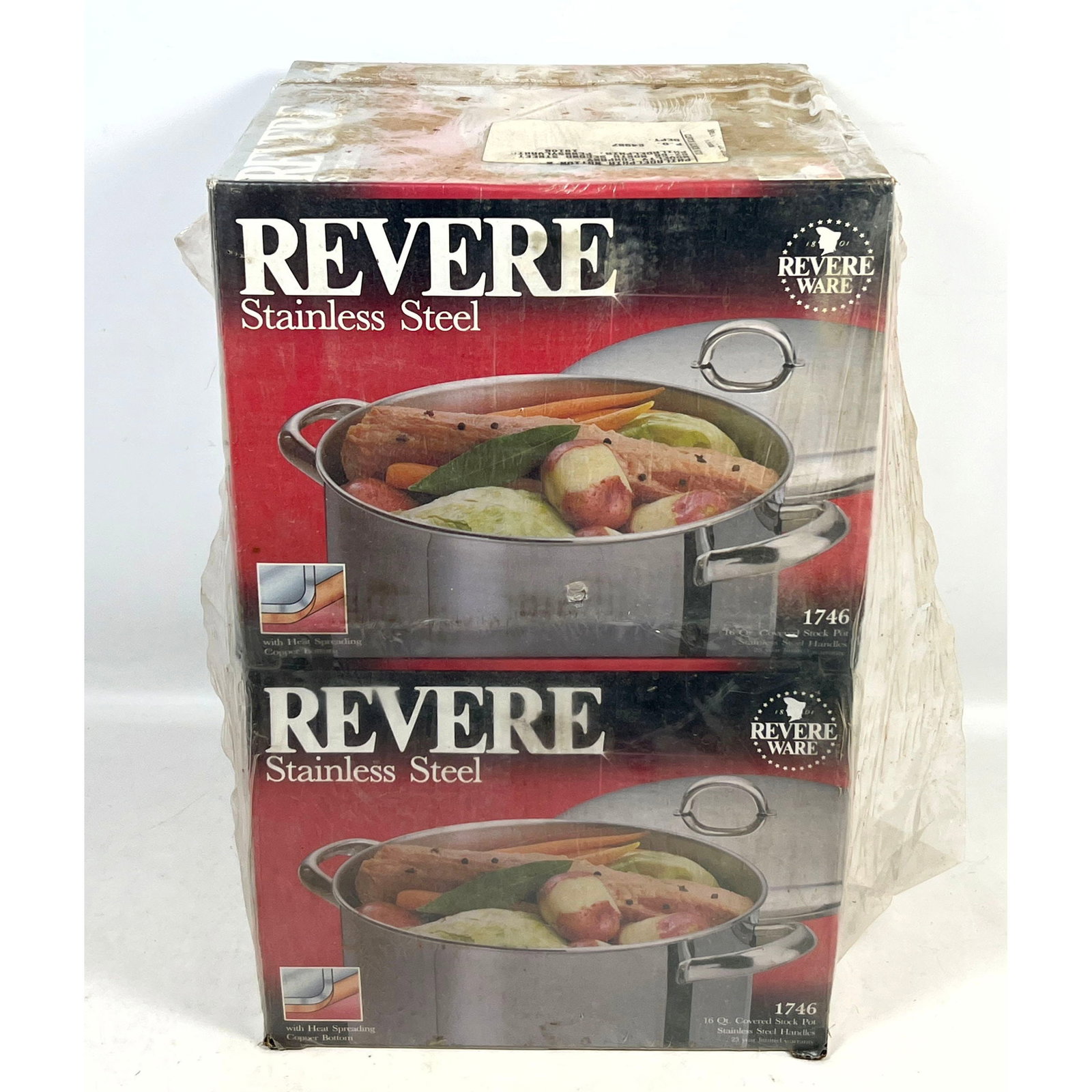 2pcs vintage Revere Ware 16 quart covered stock pots model 1746 stainless steel with copper bottoms: 2pcs vintage Revere Ware 16 quart covered stock pots model 1746 stainless steel with copper bottoms new old stock in original packaging. - This item from the South Philly Pyrex Time Capsule discovered